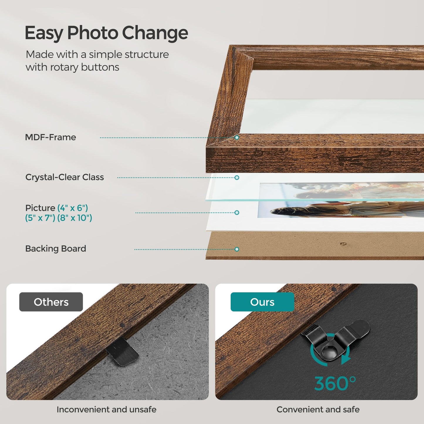 SONGMICS Picture Frames with 16 Mats, Set of 10 Collage Photo Frames, Two 8x10, Four 5x7, Four 4x6 Frames, Hanging or Table Display, Glass, 12 Non-Trace Nails, Rustic Brown URPF049X01