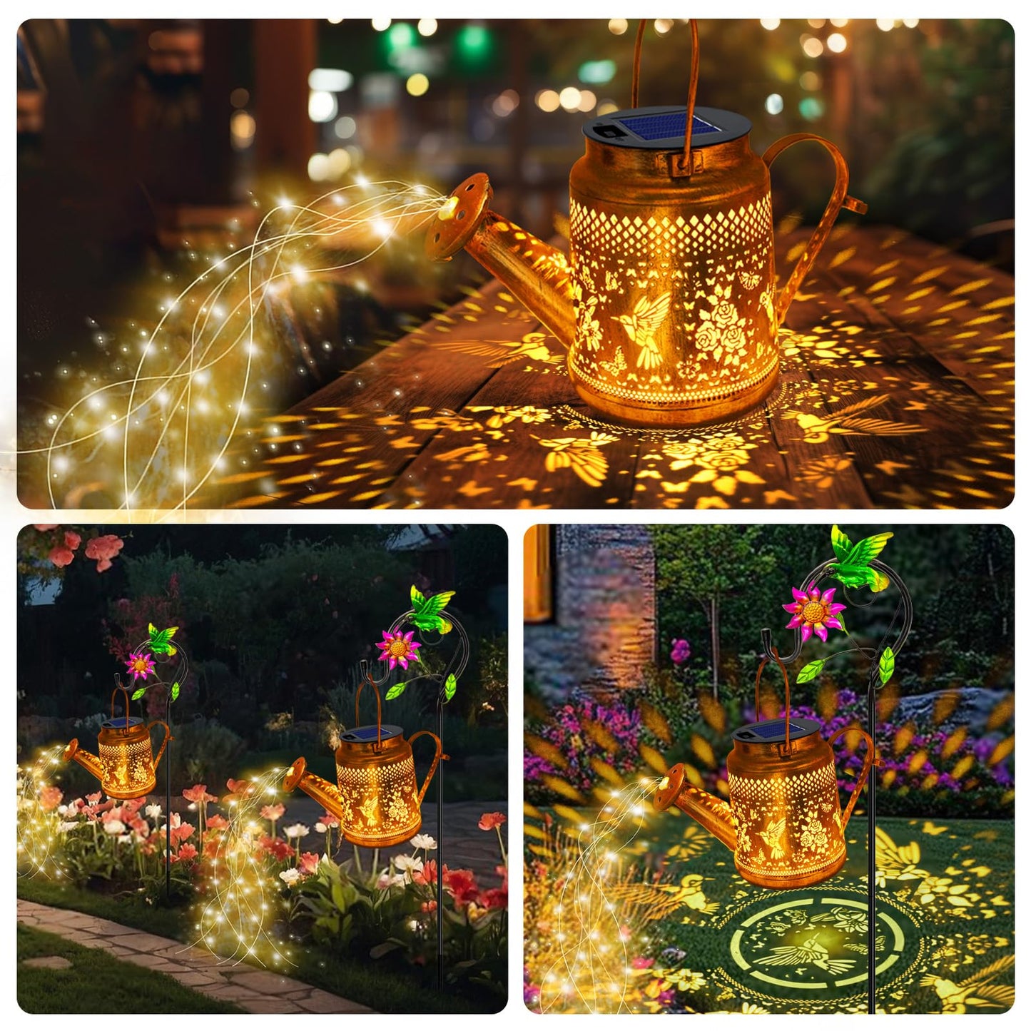 2 Pack Solar Lanterns Outdoor Waterproof,Hummingbird Watering Can Garden Decor,Hanging Solar Path Lights Yard Art,Outside Patio Decorations Gardening Birthday Gifts for Mom Grandma Women (Warm White)