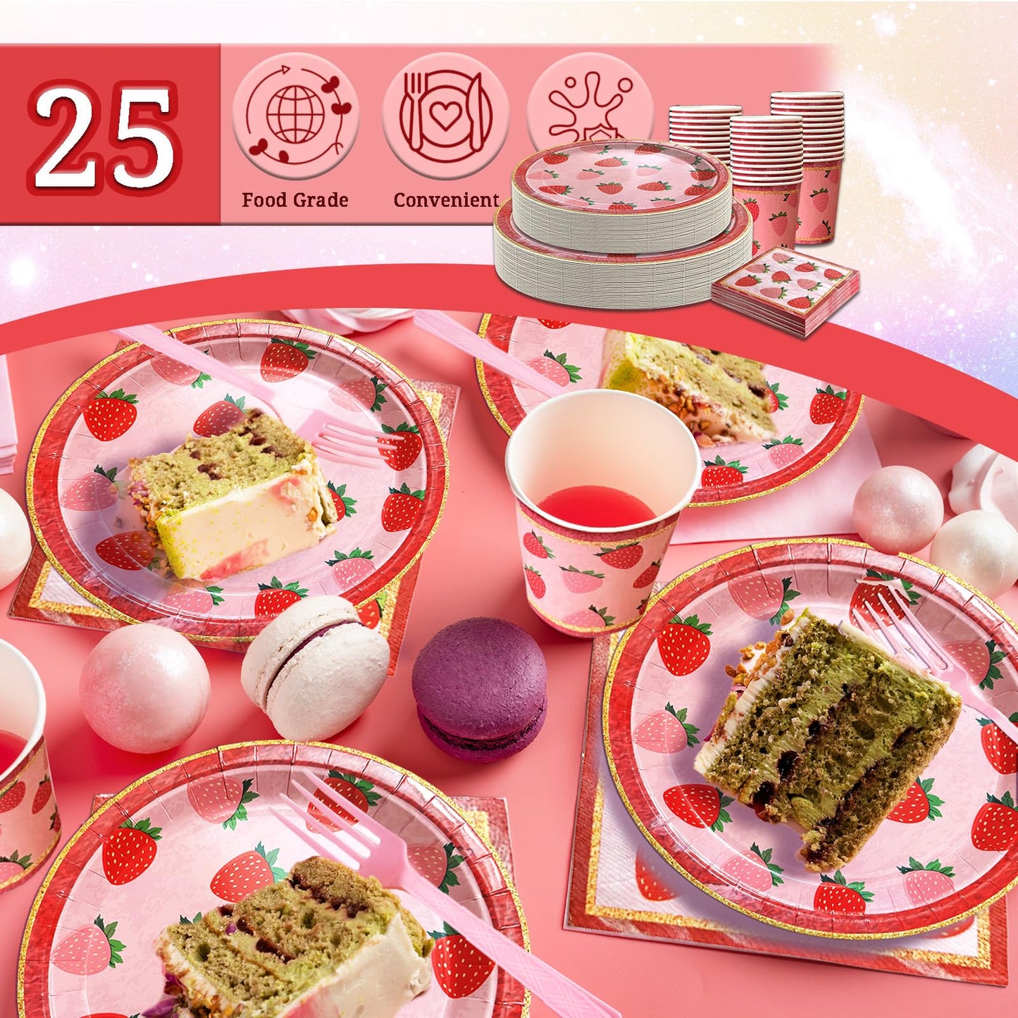 239 Pcs Strawberry Shortcake Birthday Decorations, Berry Party Supplies Inclue Serves 25 Plates and Napkins Tablecloth, Birthday Banner, Balloons, Cake Topper, Tiara, Sash for Girls