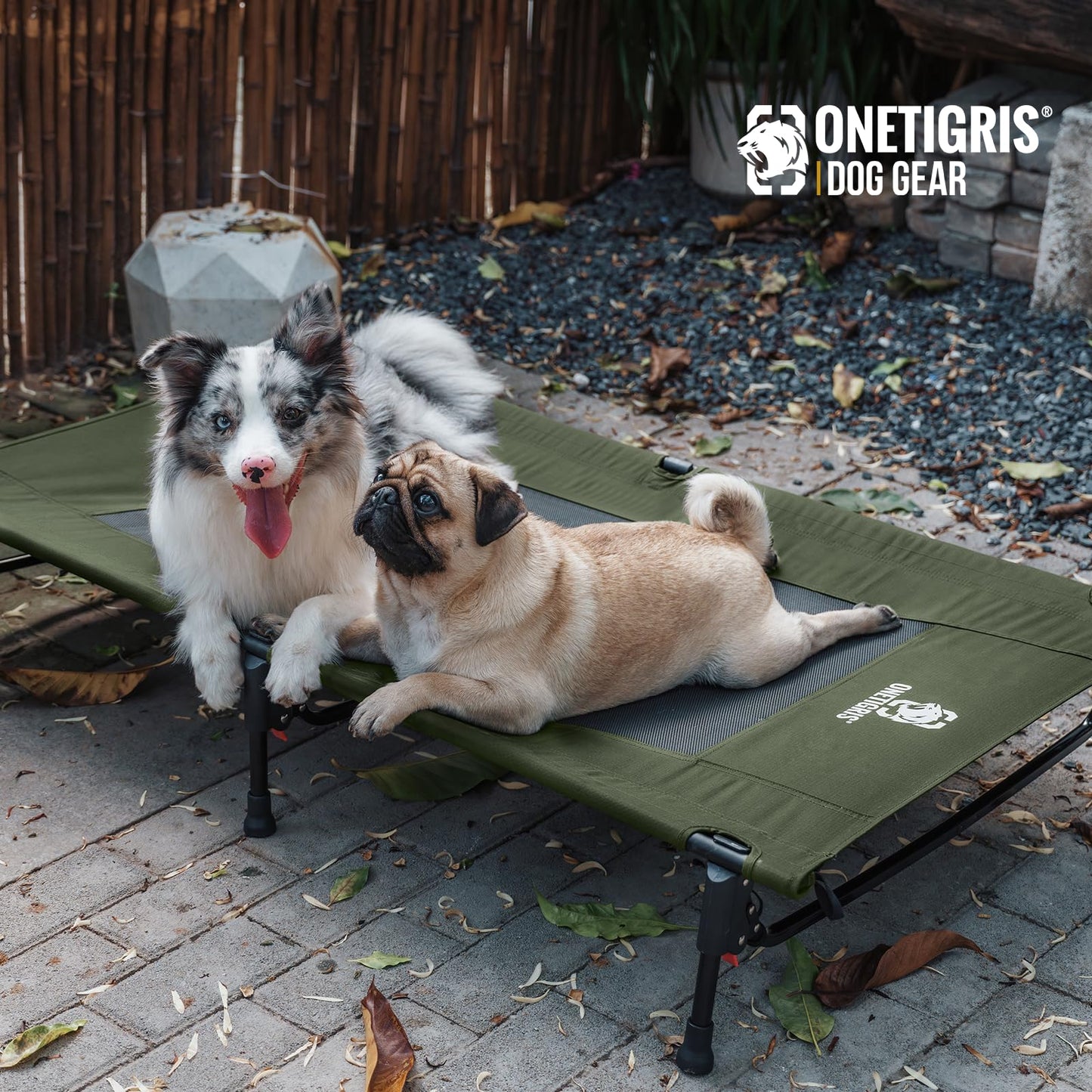 OneTigris Elevated Dog Bed, Outdoor Dog Cod Large Raised Dog Bed with Chew Proof Mesh, No-Slip Portable Dog Cot for Indoor & Outdoor Portable (Olive, Medium)