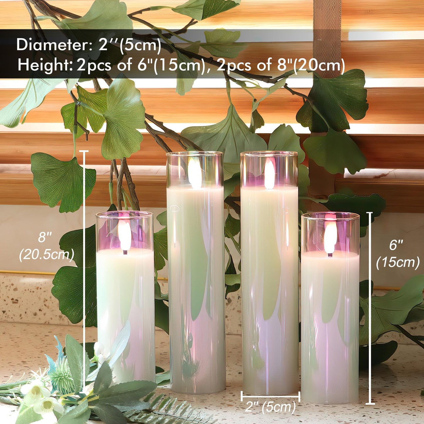 Rhytsing Glass Battery Operated LED Candles, White Slim Flameless Candles with Remote, Warm White Light, 8 Batteries Included - Dia.5 cm - Set of 4 (Pearlescent)