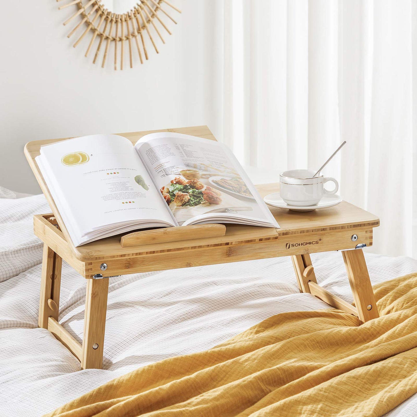 SONGMICS Bamboo Laptop Desk Serving Bed Tray Breakfast Table Tilting Top with Drawer ULLD001