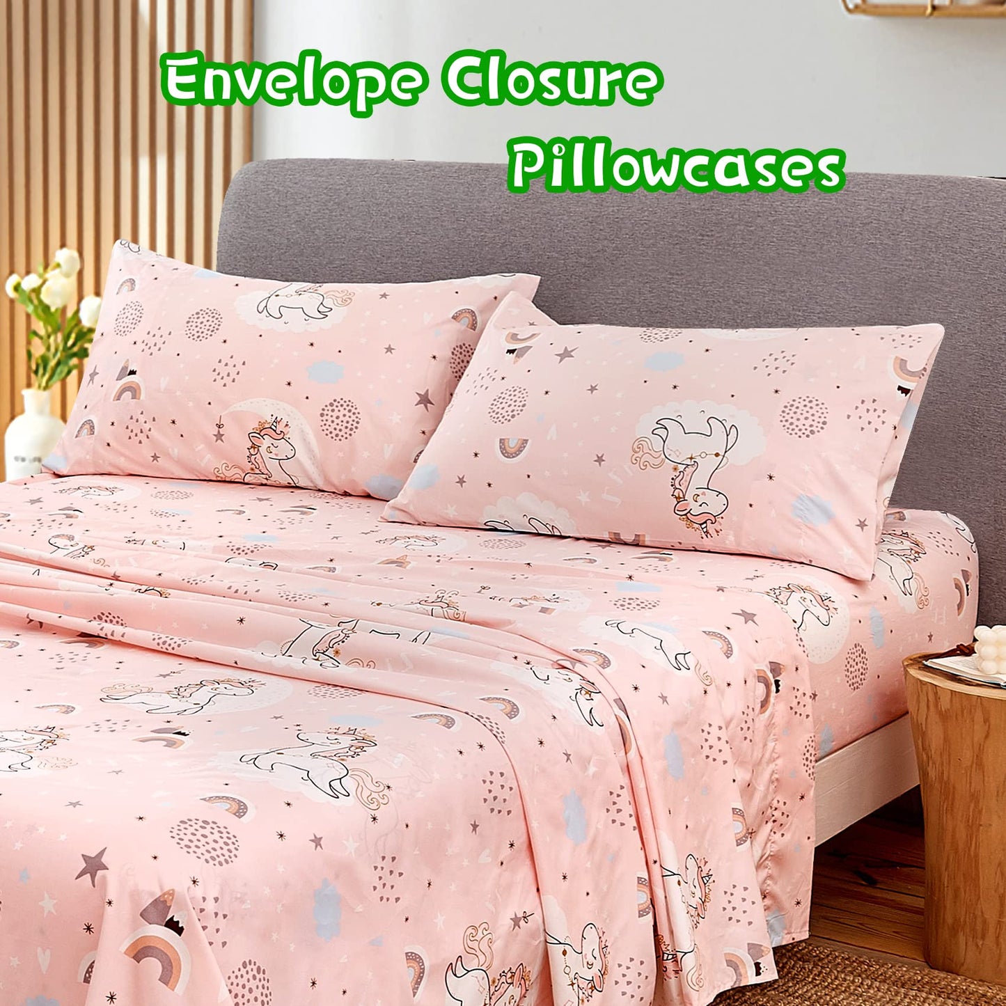 JSD Pink Moon Unicorn Kids Sheet Set Full 4 Piece, Cute Printed Microfiber Bed Sheets for Girls Deep Pocket