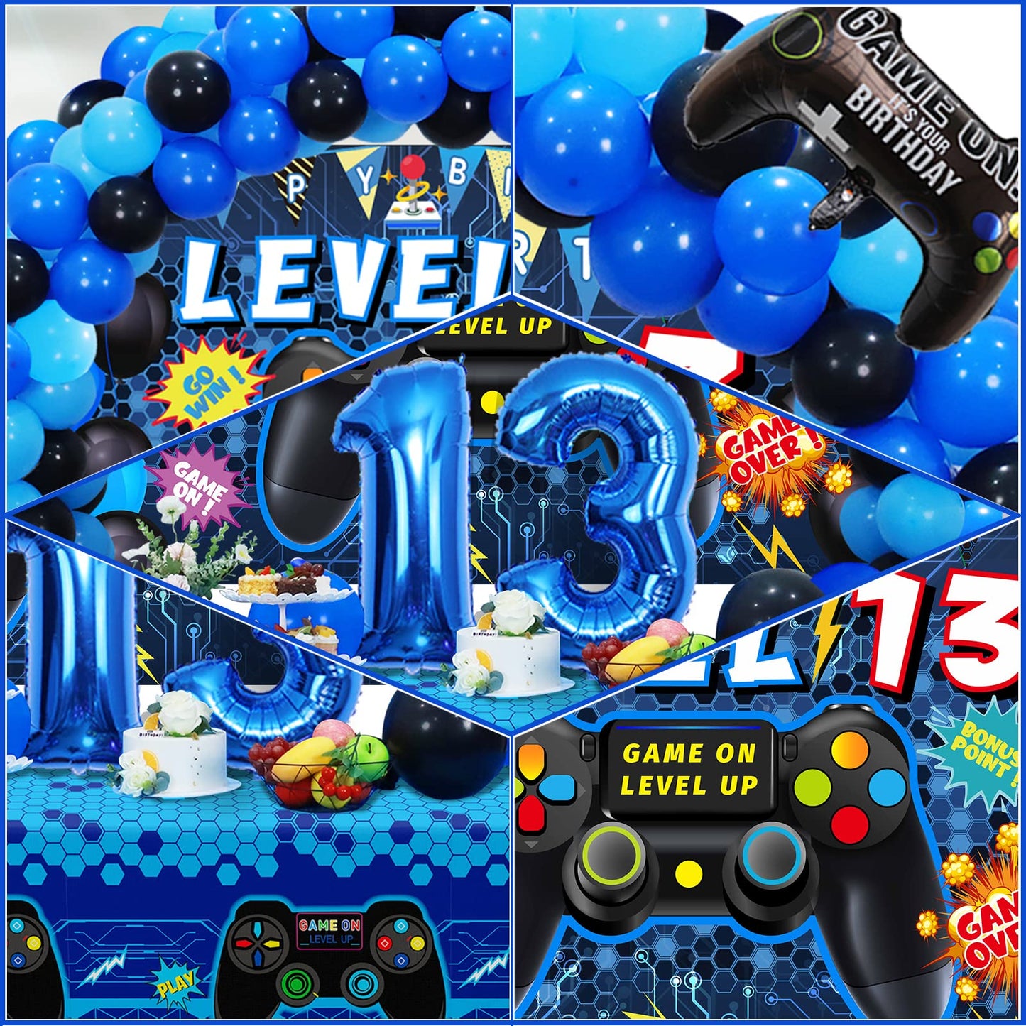 Vlipoeasn 90PCS 13th Birthday Video Game Party Decorations for Boys Set Blue 13th Birthday Supplies-13th Video Game Backdrop, Balloons, Tablecloth, Gamer and 13 Foil Balloons for 13 Years Old