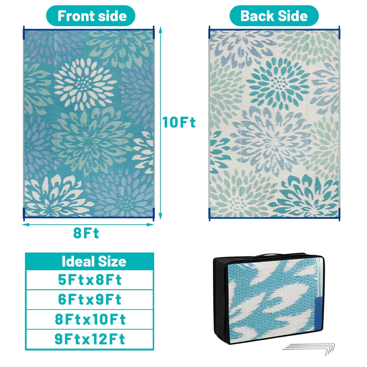 HEBE Outdoor Rug 8x10 ft Reversible Outdoor Area Rug Waterproof Patio Rug Mat Portable RV Camping Rug Modern Abstract Plastic Straw Carpet for Picnic Beach Balcony Pool Deck