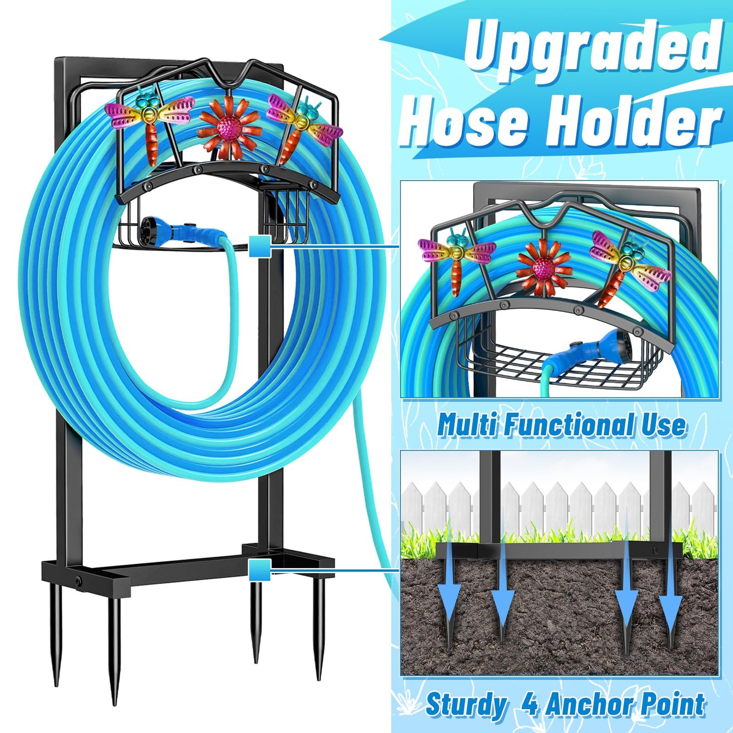 MeyRolizn Garden Hose Holder, Freestanding Water Hose Holder with Storage Basket, Heavy Duty Metal Hose Reels Hanger Stand Organizer with 4 Spikes for Outside Yard Lawn Black