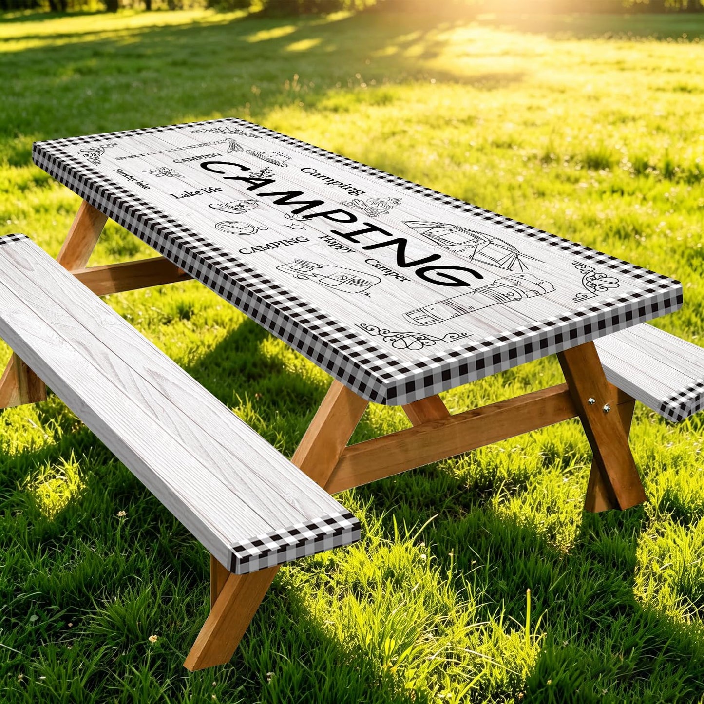 Caknowow Picnic Table Cover Fitted with Bench Covers Camping Tablecloth Waterproof Picnic Table Covers with Elastic Reusable Fabric Camping Table Cover for 6 Foot Picnic Tables