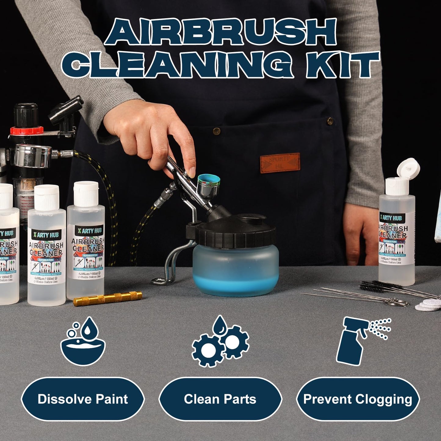 X ARTY HUB Airbrush Cleaning Kit - 4 * 120 ml Airbrush Cleaner with Glass Cleaning Pot, Easily Handle Water-Based and Acrylic Paints, for Airbrushes & Other Artistic Tools