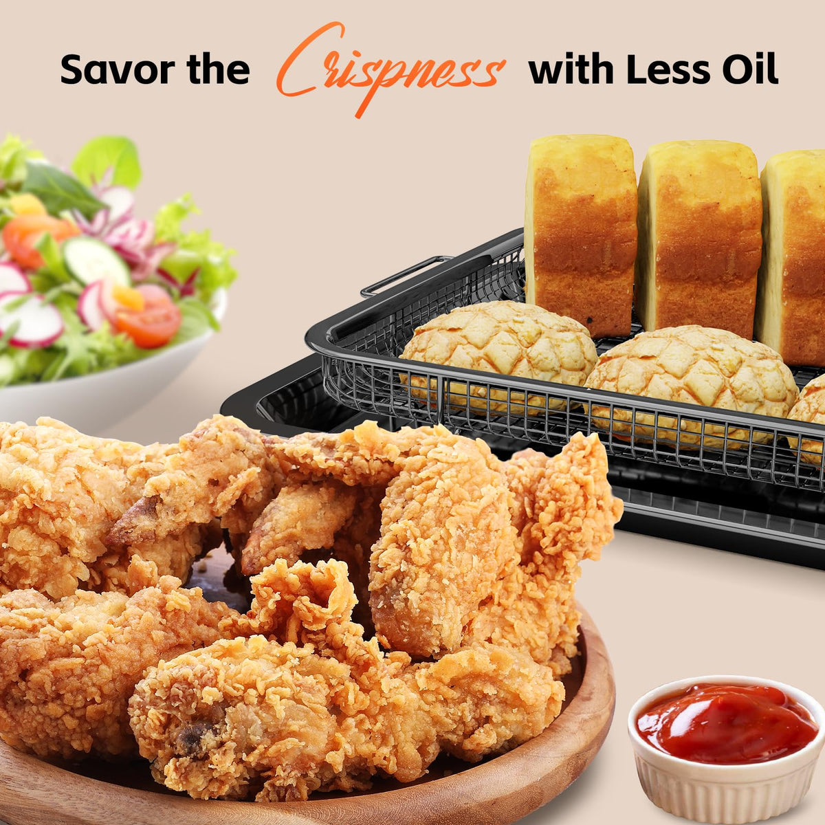 Air Fryer Basket, 2 Set Air Fryer Pans and Tray for Oven with 60 PCS Parchment Papers, Demaxia Non-Stick Stainless Steel Oven Air Fryer Basket and Tray (15.8" x 11" & 13" x 9.7"-Black)