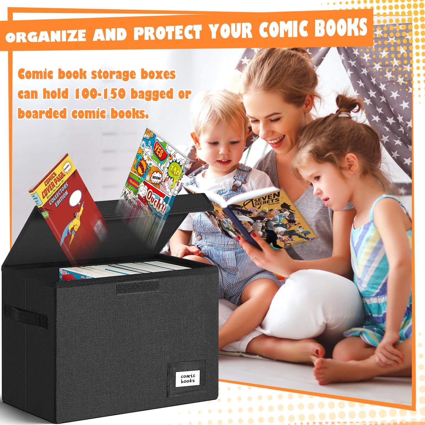 Leffis 2 Pack Collapsible Comic Book Storage Box 15.5" X 7.5" X 11.3", Short Comic Book Box with Handles, Holds 150 Comics Heavy Duty Comic Book Bin