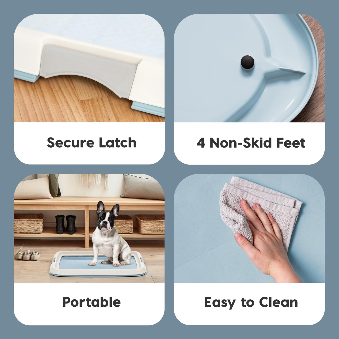 IRIS USA Pee Pad Holder for Small Sized Dog and Puppy Pee Pads, Secured Latches, Non-Skid Feet, High Polish Finish for Easy Cleaning, Leak Protection, Fits 43x58 cm Pad, Blue