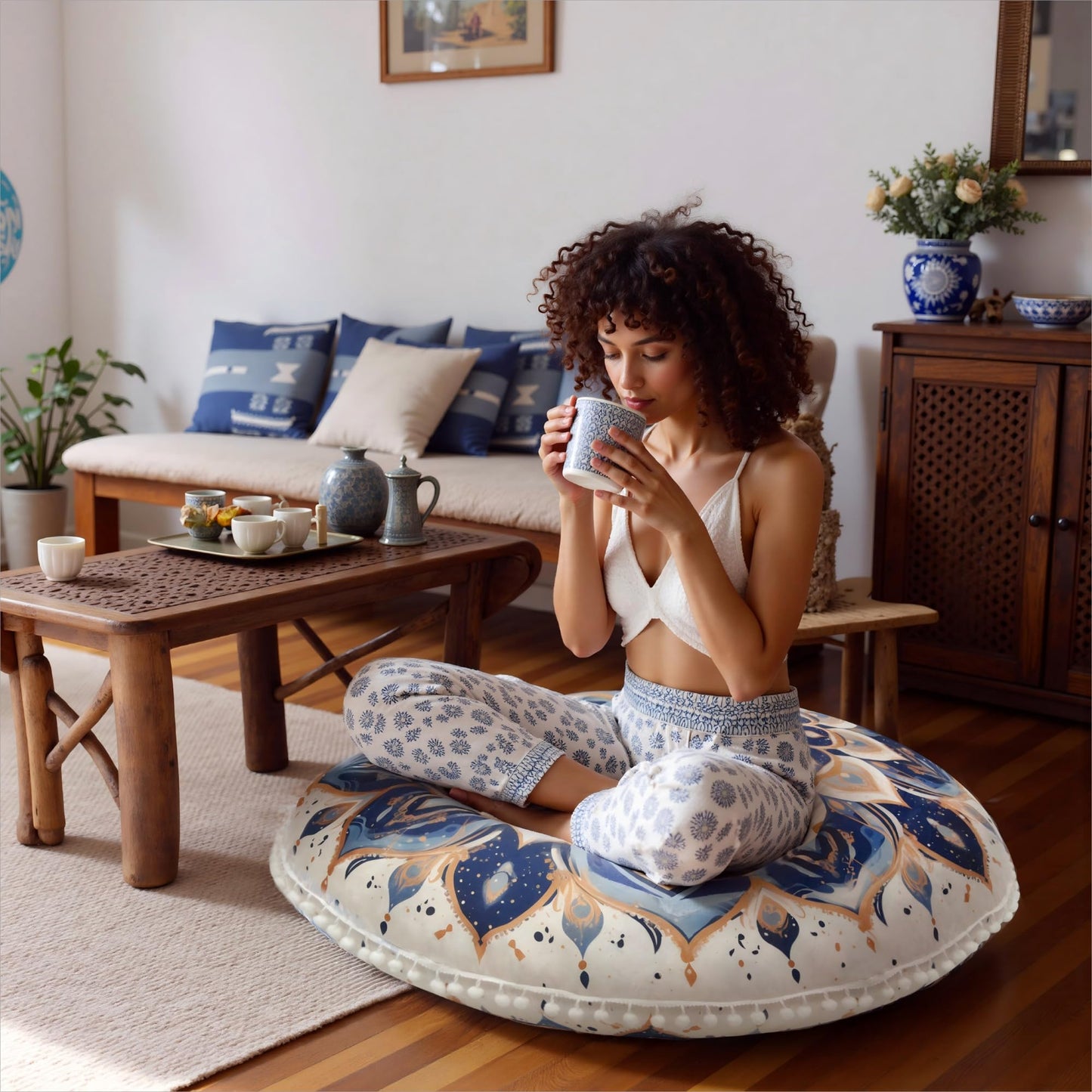 DAWNYIELD Meditation Cushion 32 Inch Round, Large Floor Pillow Seating for Adults, Bohemian Mandala Yoga Cushion, Extra Thick Memory Foam Removable Washable Cover, Ideal Gift & Holiday Decor, Blue