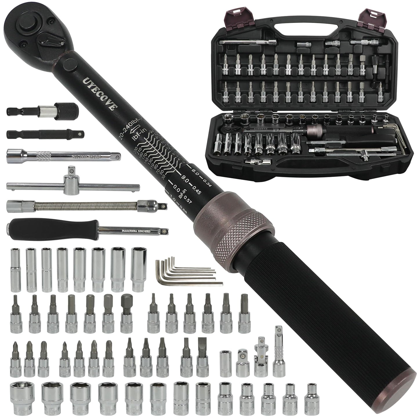 UYECOVE 63Pcs 1/4-Inch Drive Click Torque Wrench Set(1-25 N.M/10-222.5IN.LB)，with Bit Socket Set Metric and Extension Bar for Auto Repairing and Household, with Storage Case