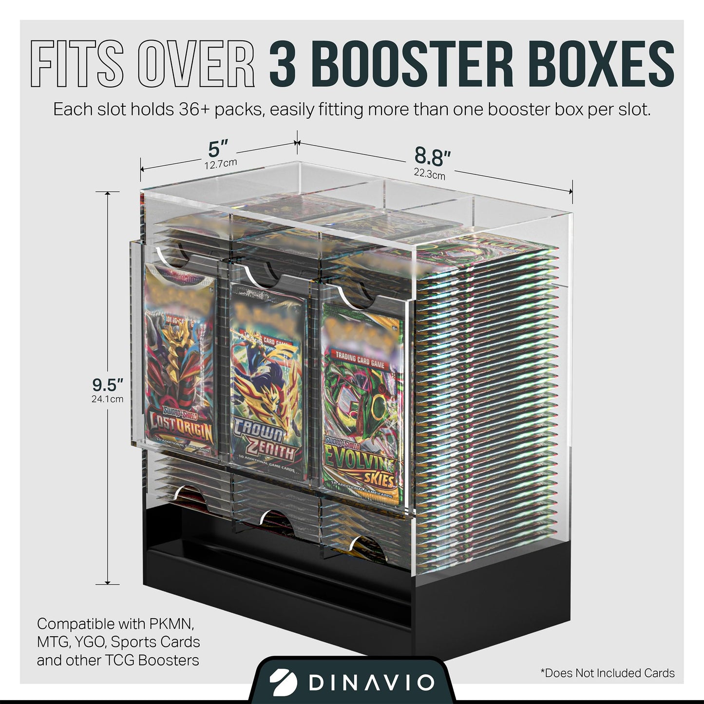 Dinavio Crafthouse 3-Slot Booster Pack Dispenser with Black Base - Fits 120 Booster Packs for Dispensing - Compatible with TCG Trading Card Boosters and Sports Card Boosters - 4mm Acrylic Stackable