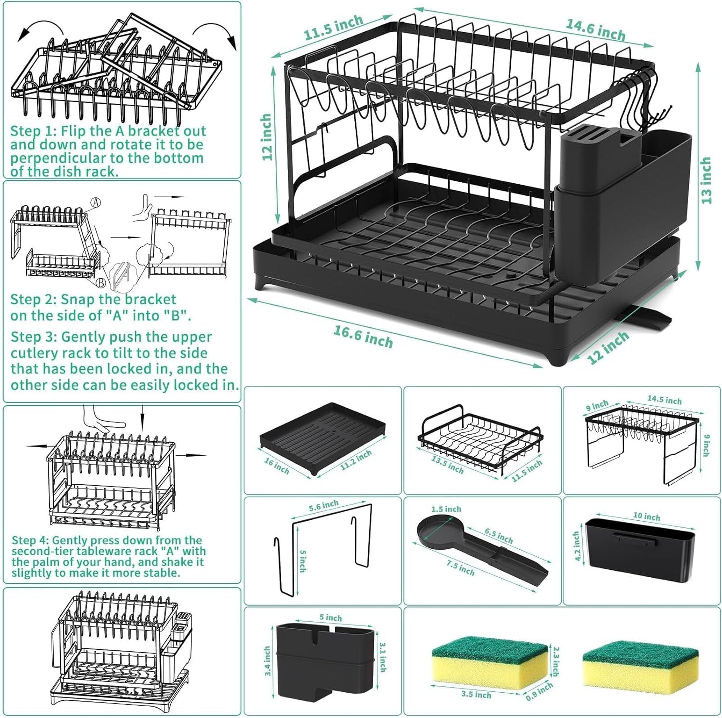 Dish Drying Rack for Kitchen Counter, Stainless Steel Sink Organization and Storage Essentials with Cutlery Holder, Large 2Tier Dish Rack with Drainer Board, Multi-Use Utensil Organizer and Cup Holder