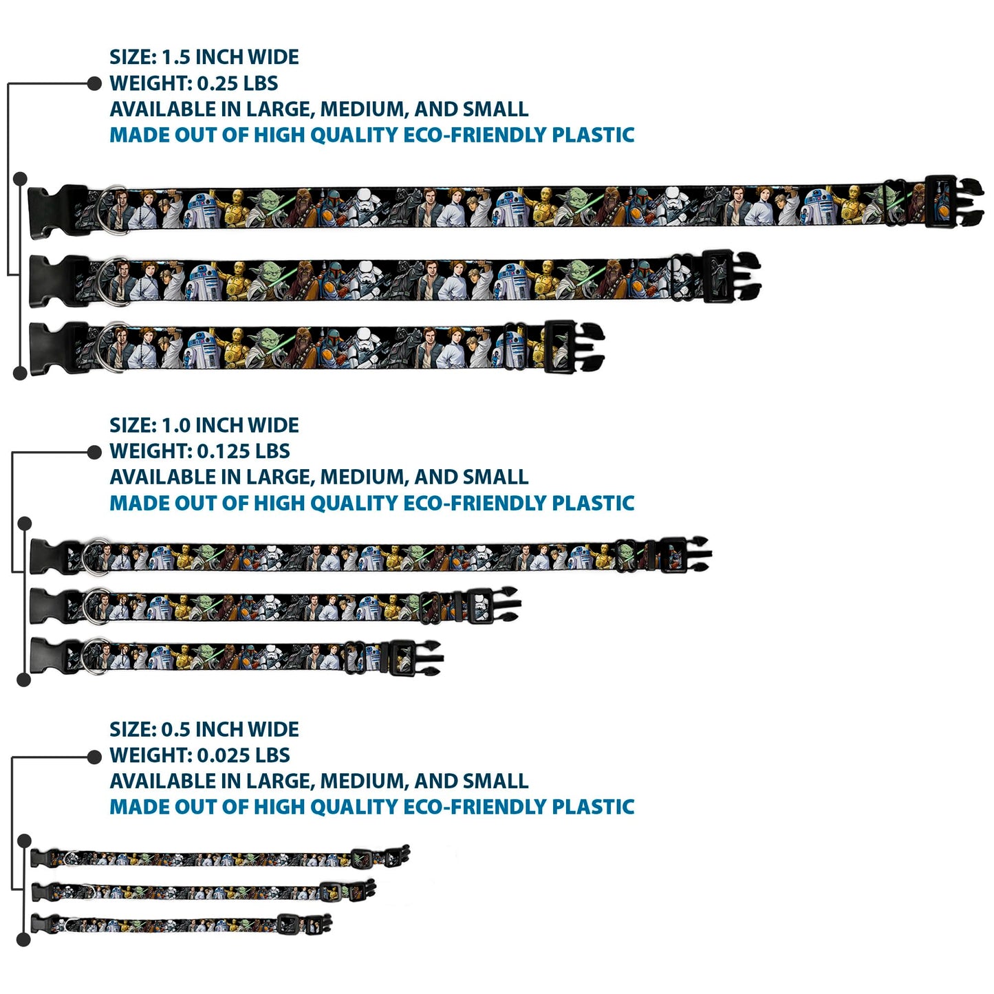 Star Wars Pet Collar, Dog Collar Plastic Buckle, Star Wars Classic Character Poses Black, 8.5 to 12 Inches 0.5 Inch Wide
