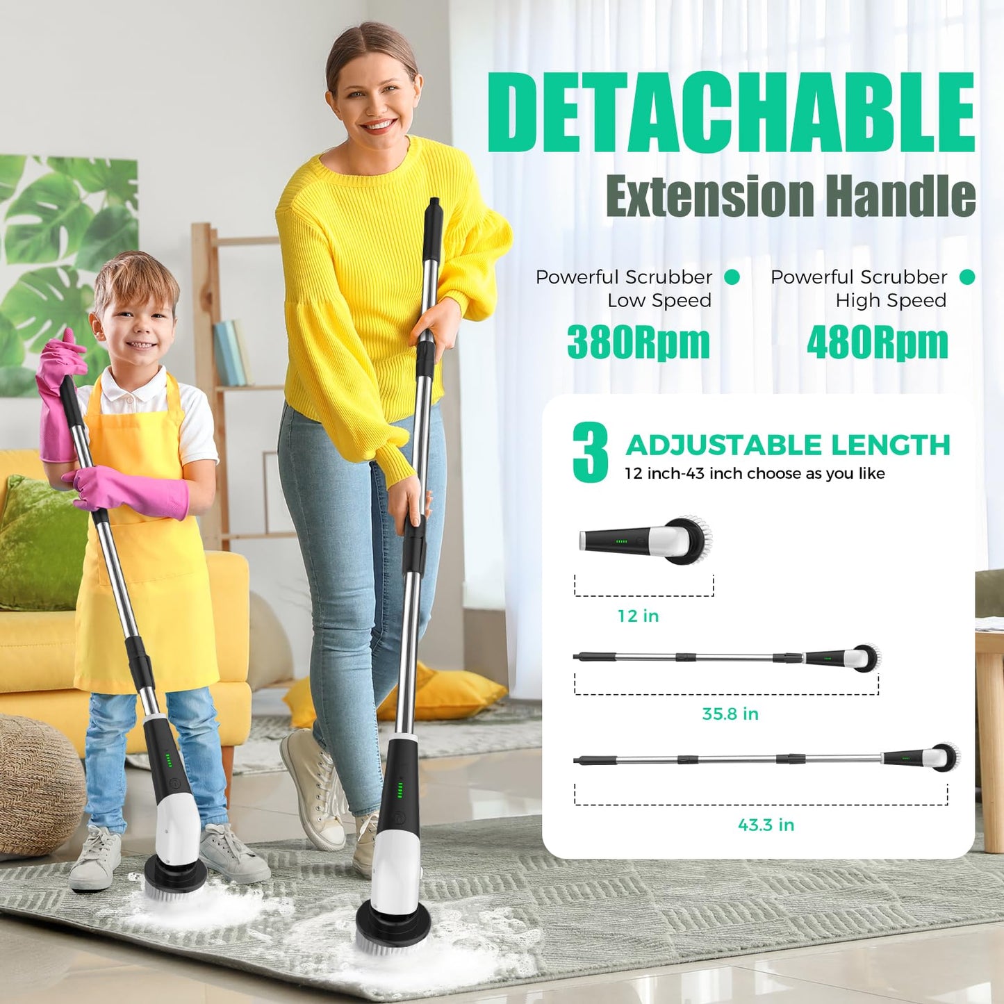 YKYI Electric Spin Scrubber, Cordless Cleaning Brush with 8 Replaceable Brush Heads, Power Scrubber with Adjustable Extension Handle for Bathroom, Tub, Tile, Floor and Kitchen Cleaning (White)