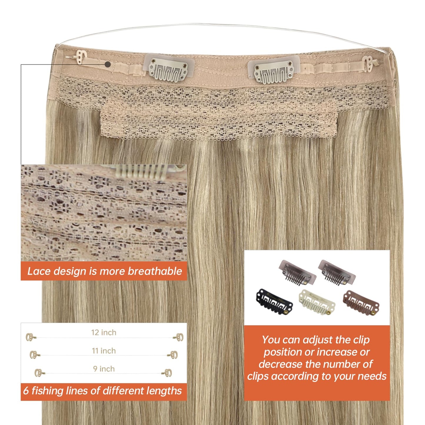 Sunny Hair Wire Hair Extensions Human Hair Invisible Hair Extensions for Women Straight Secret Hidden One Piece Extensions With Adjustable Line Dark Ash Blonde Highlights Golden Blonde 12inch
