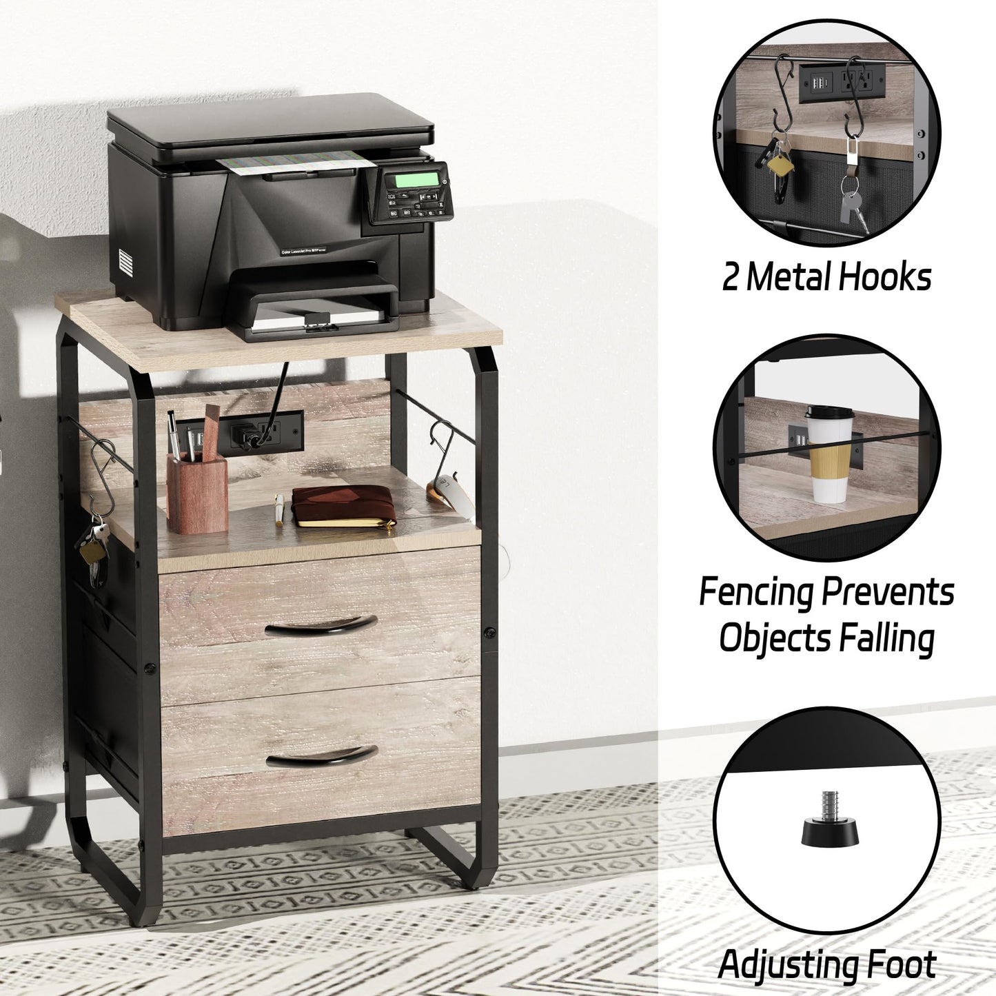 runjuly Side Table with Drawers, Night Stand with Charging Station, AC Outlets & USB C Ports, End Table with Storage, Night Tables with Hooks, Bedside Nightstand for Office, Bedroom, Dorm Greige