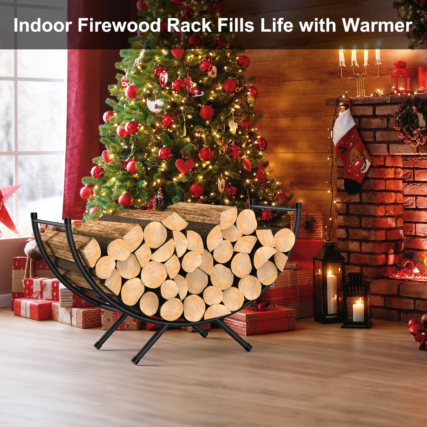 NANANARDOSO Curved Firewood Rack，33 inches Heavy Duty Metal Fireplace Log Holder for Firewood Storage，Ideal for Indoor and Outdoor Fireplaces，Black