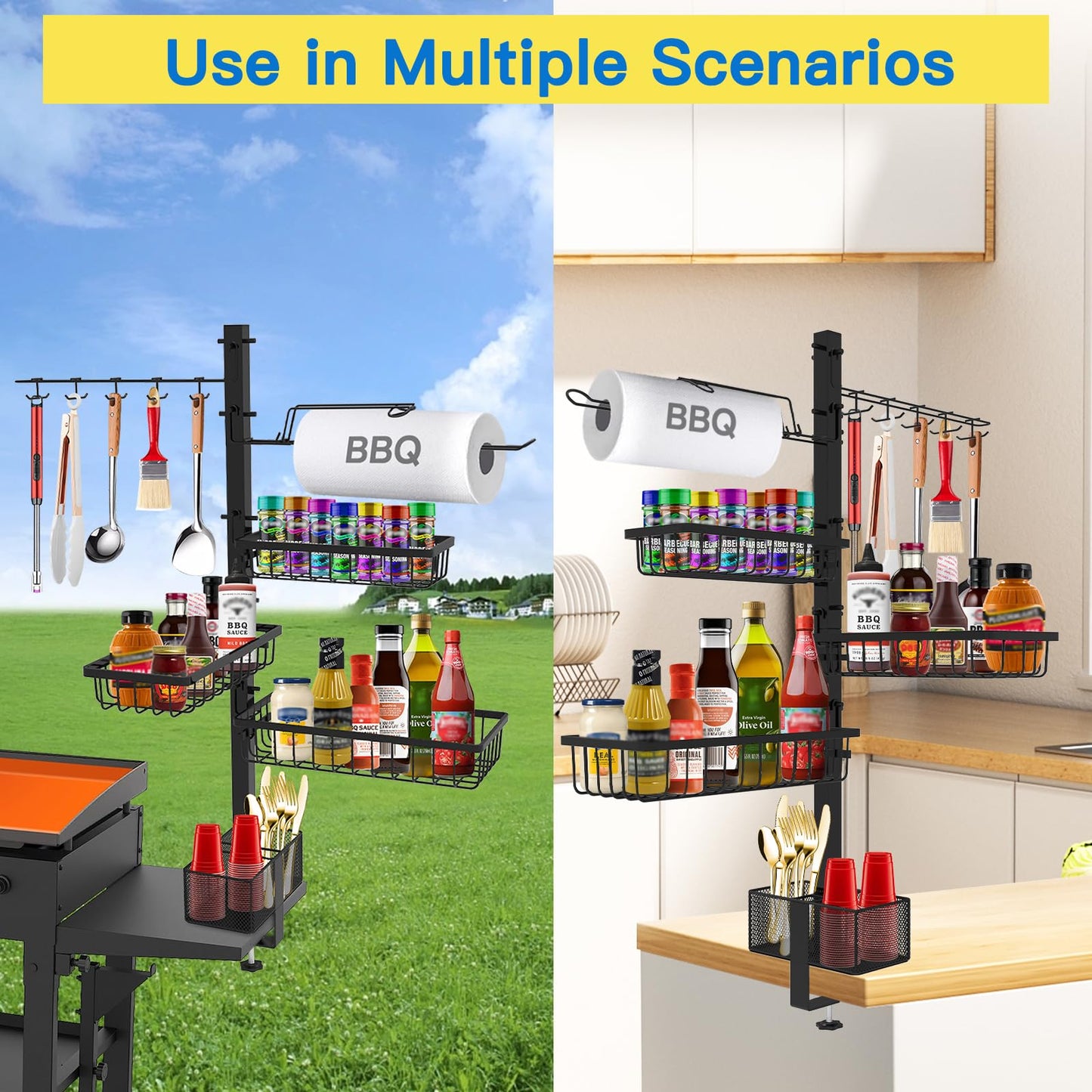 Concons Griddle Caddy Organizer for Blackstone Griddle Accessories, BBQ Grill Picnic Utensil Condiment Caddy with Paper Towel Holder, Outdoor Kitchen Accessories for Camper