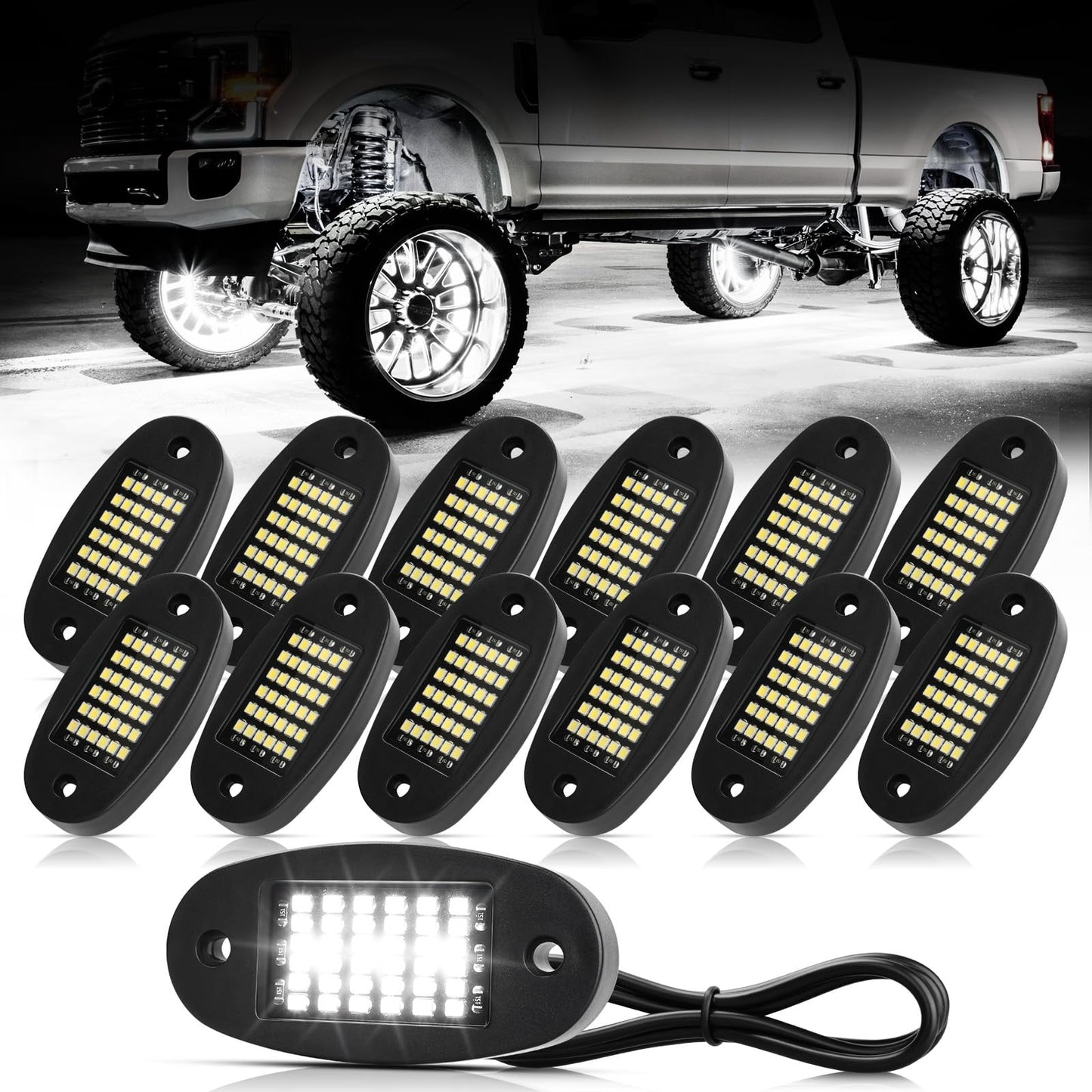 Hovano 12 Pods White Rock Lights 6000K Pure White 36 LEDs SMD Chips Super Bright Neon Underglow Light IP68 Waterproof for Pickup Trucks SUV UTV ATV RZR Car Boats (White)
