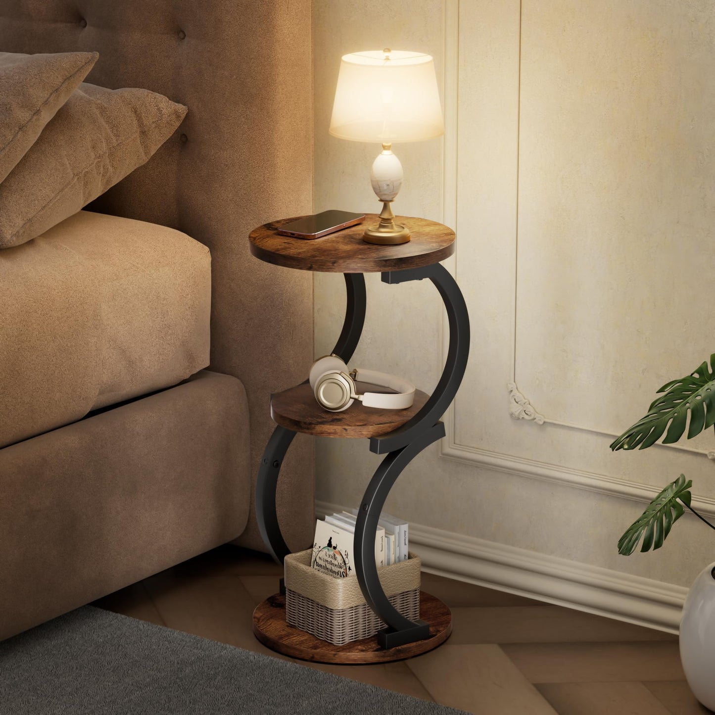 JUSTOGO Round Side Table, S-shaped 3-Tier Coffee Table, Small Table, Wood, Metal Bedside Table for Living Room, Bedroom