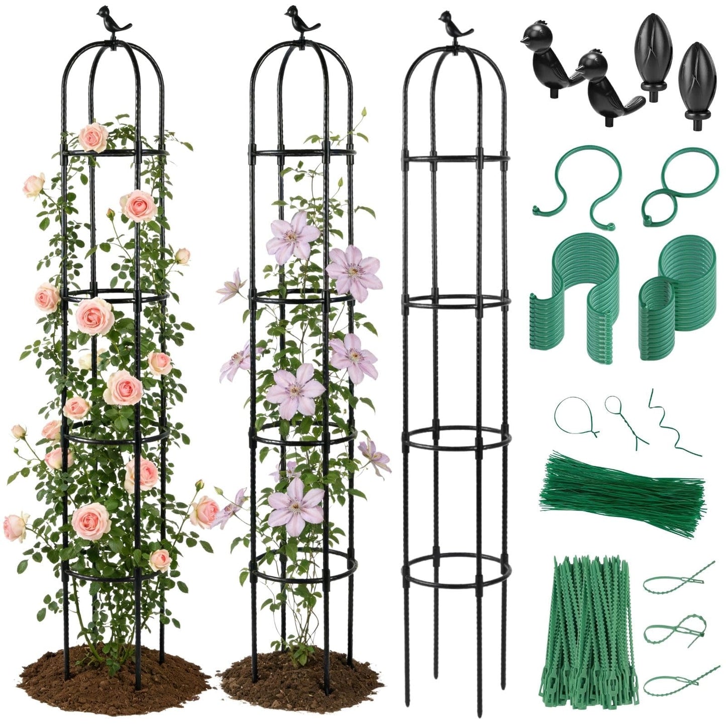 Lancisism Garden Obelisk Trellis for Climbing Plants Outdoor - 6.3 Ft Plant Support Round Trellis for Potted Plants Indoor - Rustproof Plastic Coated Tomato Cage for Vines Flowers Fruits Vegetable