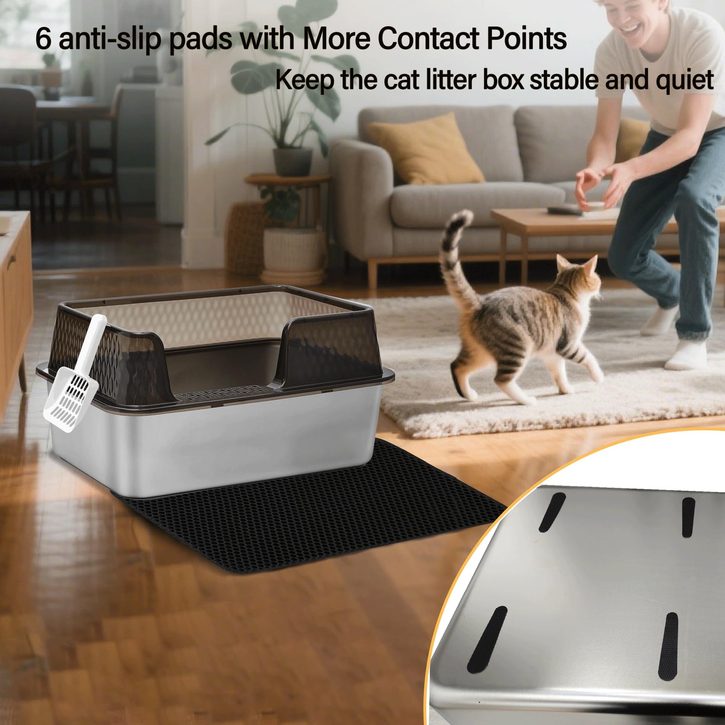 Kittenhood Enclosed High Sided Stainless Steel Litter Box with Lid Scoop and Pads for Cats, 50cm* 35cm* 25.5cm Transparent Black Easy Clean Metal Kitty Litter Box