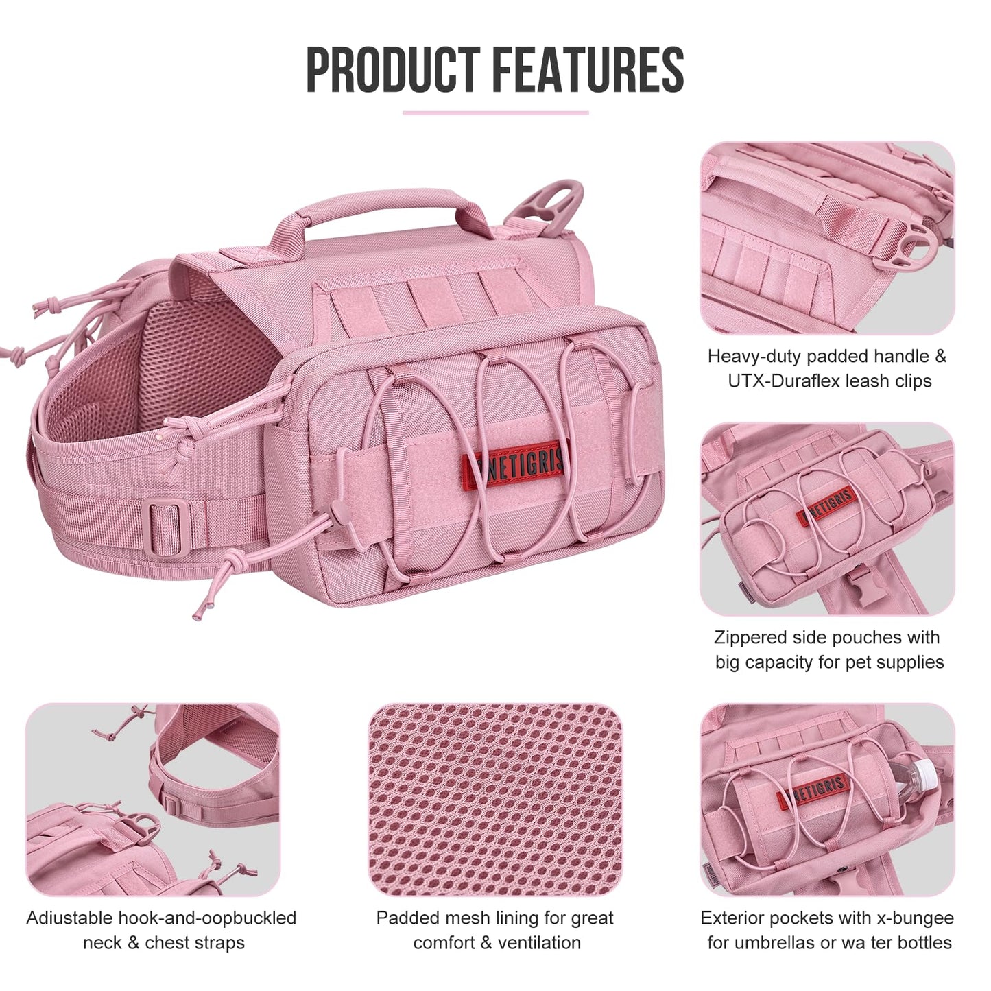 OneTigris Backpack for Dogs to Wear Pet Back Pack with Padded Handle and Leash Attachment Point for Dog with 17"-23.5" Neck Girth and 25"-31" Chest (Pink, Large)