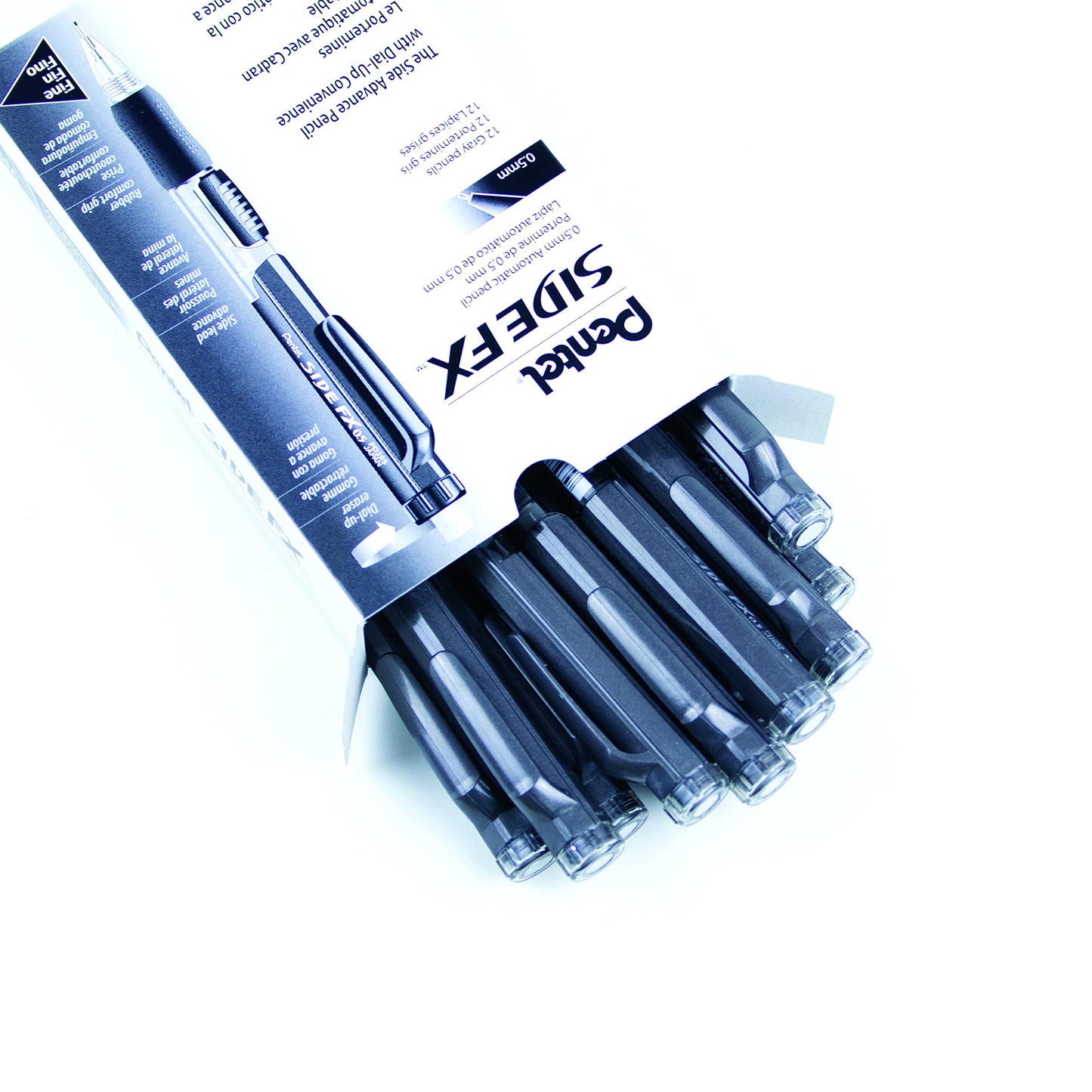 Pentel Side FX Mechanical Pencil with Side Click Lead Advance, 0.5mm Fine Point, Large Retractable Eraser, Black Barrel, PD255-A, Box of 12