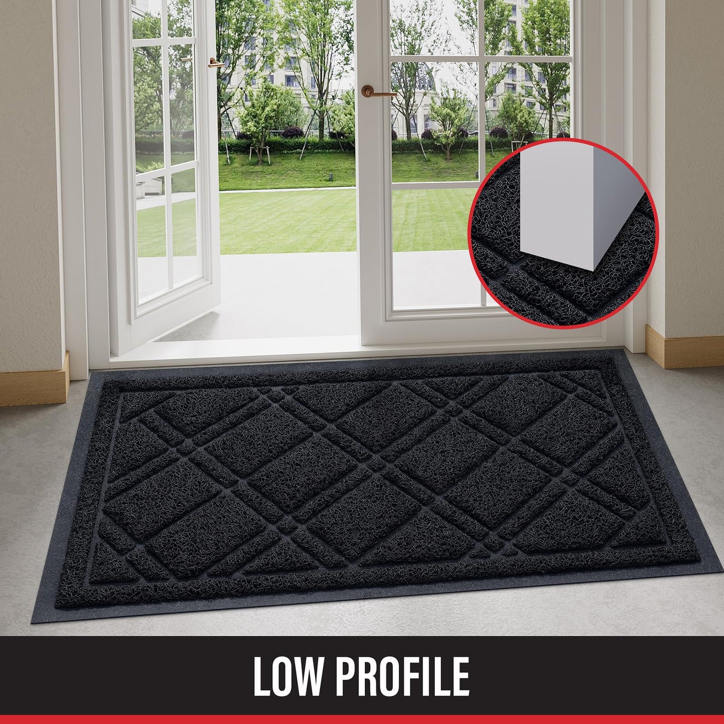 Front Door Mat Outdoor Mat for Entrance, Non-Slip Low Profile Doormat, Durable Dirt Trapper Welcome Mat Shoe Mat for Outdoor, Indoor, Front Back Doors, Entrance, 32"x48", Black