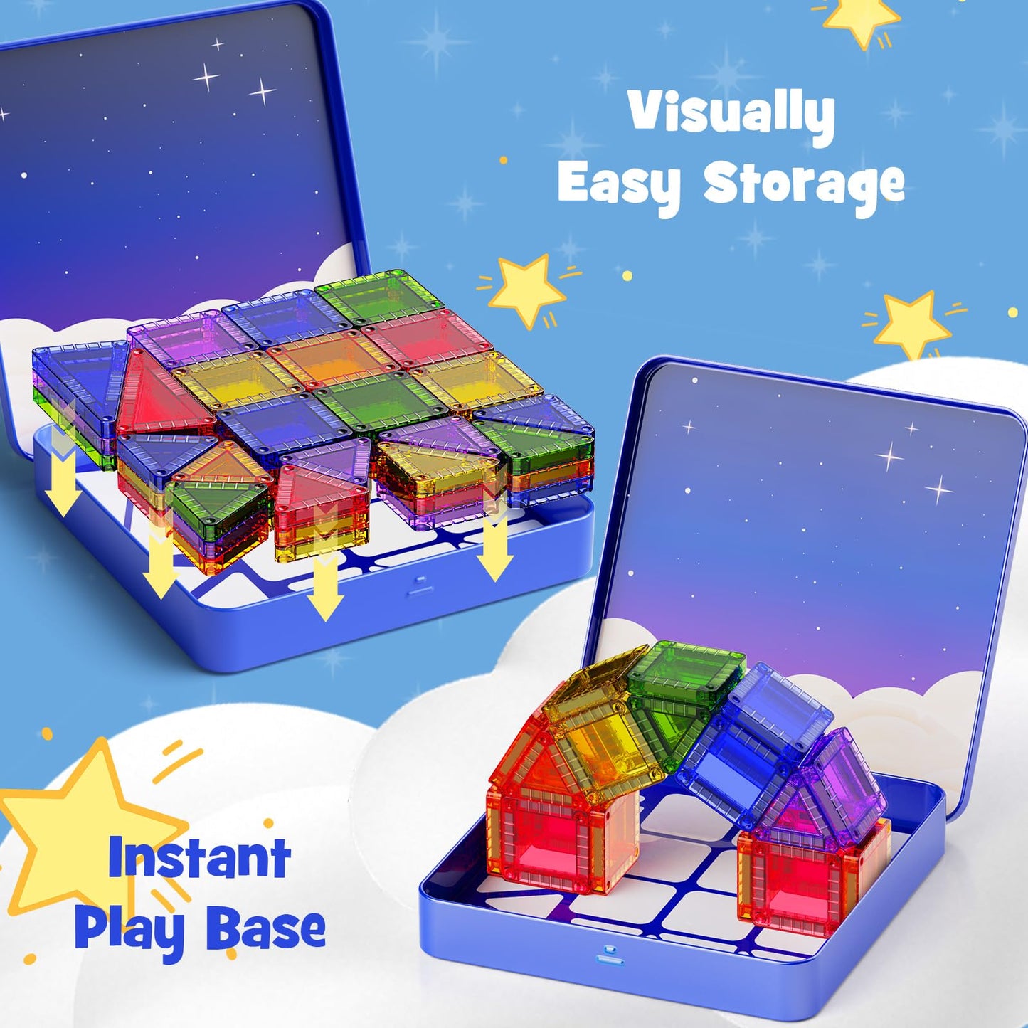 Mini Magnetic Tiles Travel Kit for Kids Ages 3-8, 60pcs Portable Magnetic Building Blocks with Visual Storage Guide & Metal Play Base, STEM Sensory Toys for Preschool Learning