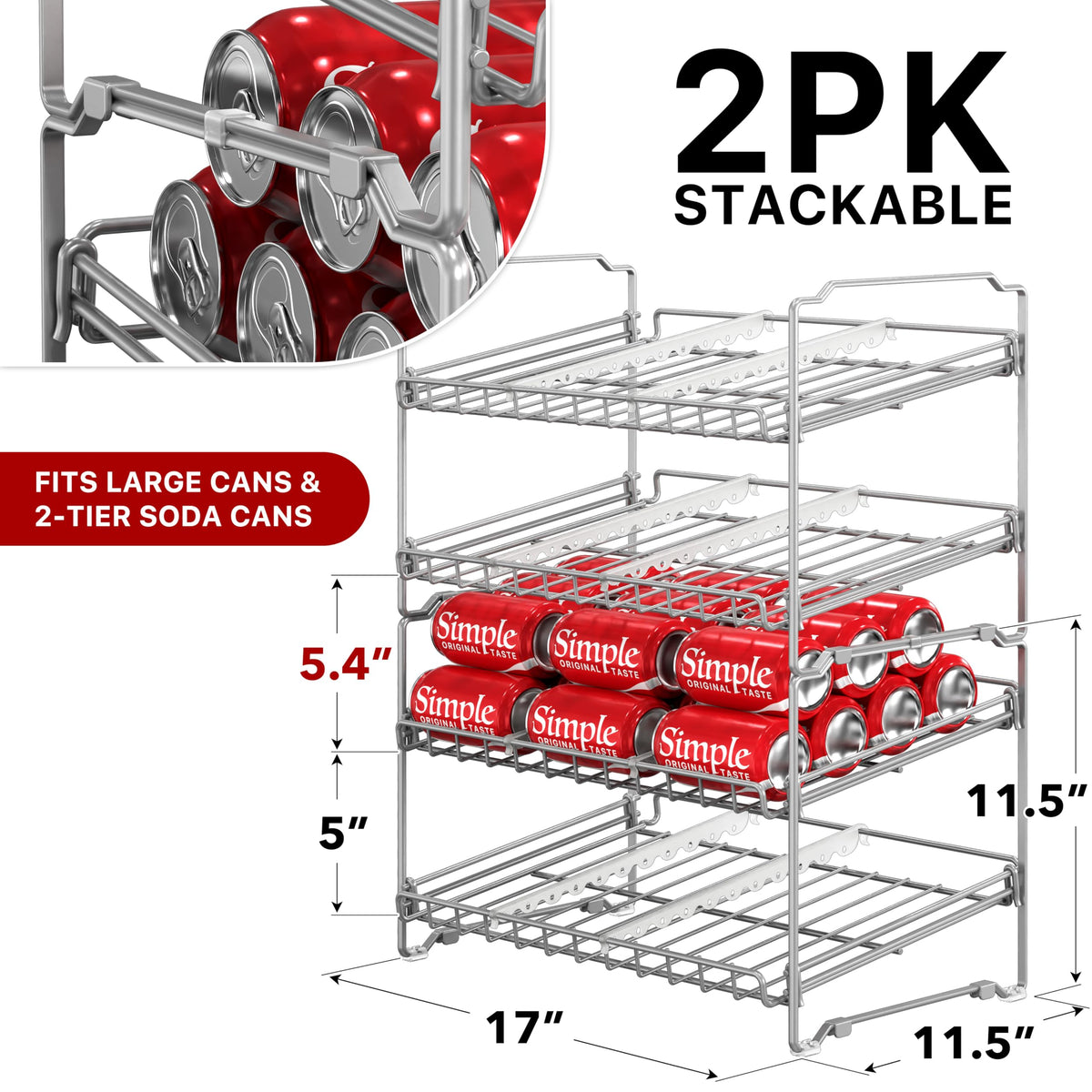 Simple Houseware 2 Tier Stackable Can Rack Organizer for Pantry Storage, 2 Pack, Silver