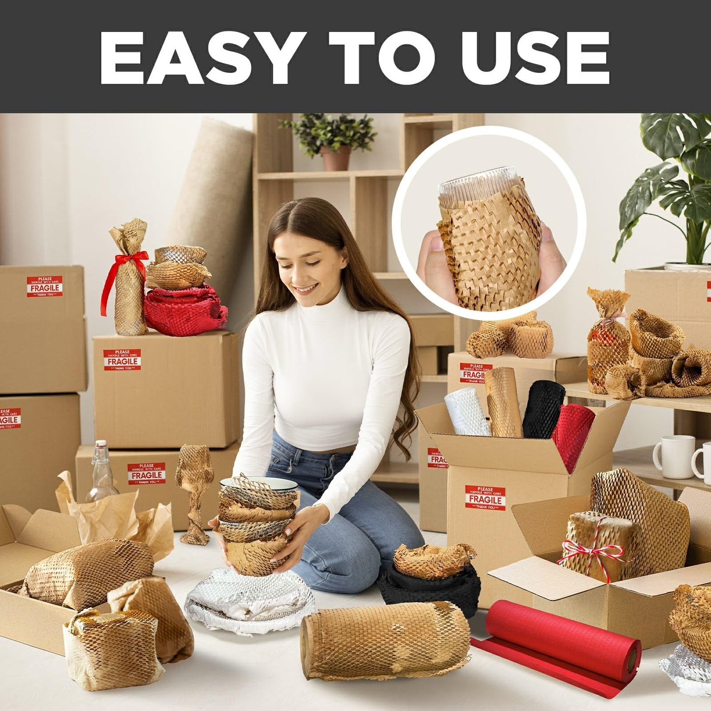 Honeycomb Packing Paper,12" W x 400' L Bubble Cushioning Wrap for Moving,Products & Gifts Wrapping Paper,Recyclable and Biodegradable Cushioning Packing Material with 36 Fragile Sticker Labels(Black)