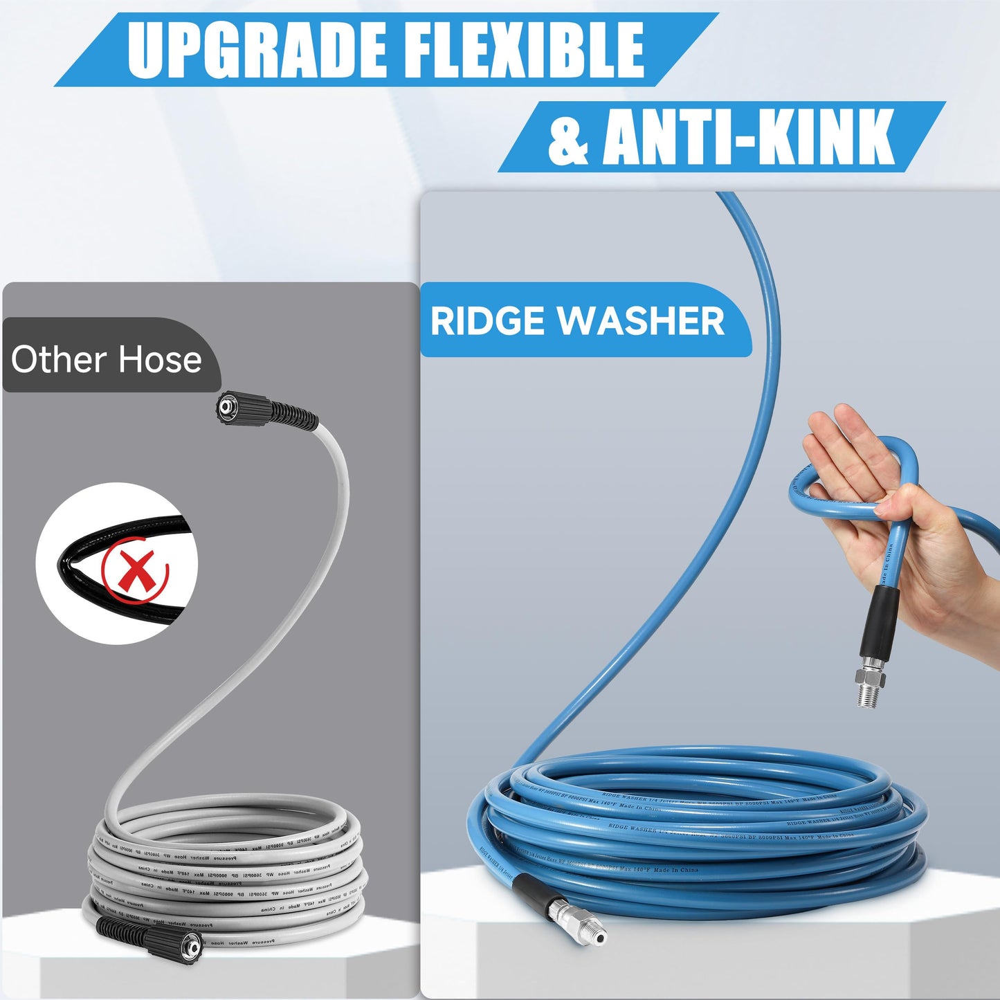 RIDGE WASHER Sewer Jetter Kit for Pressure Washer 50FT, 3600 PSI Drain Cleaning Hose with Short Pressure Washer Gun, 1/4 Inch NPT Corner, Rotating and Button Nose Sewer Jetting Nozzle