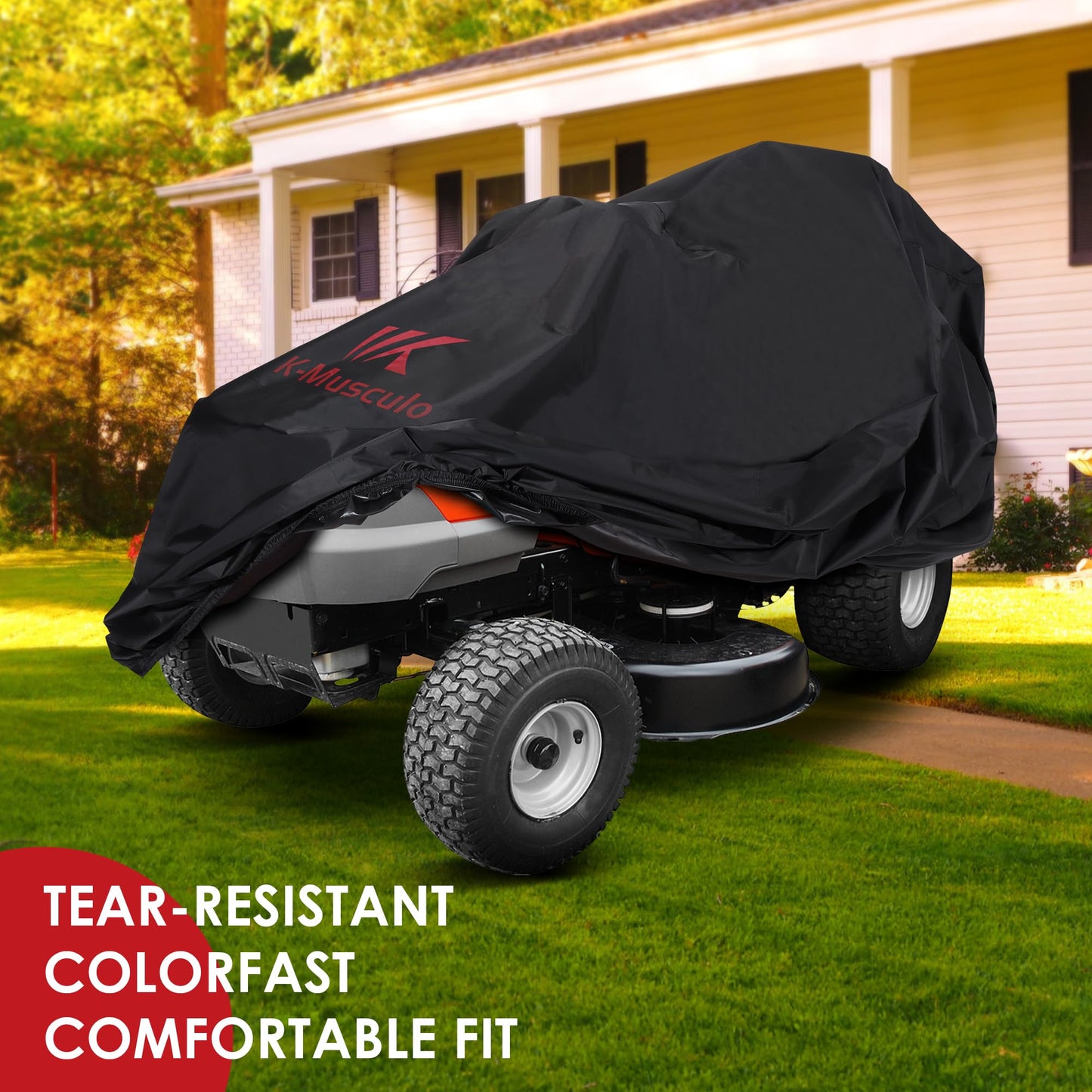 K-Musuclo Riding Lawn Mower Cover, Outdoors Tractor Cover Heavy Duty 420D PU Coating, Waterproof Strip With Drawstring & Cover Storage Bag（72"L X 54"W X 46"H）