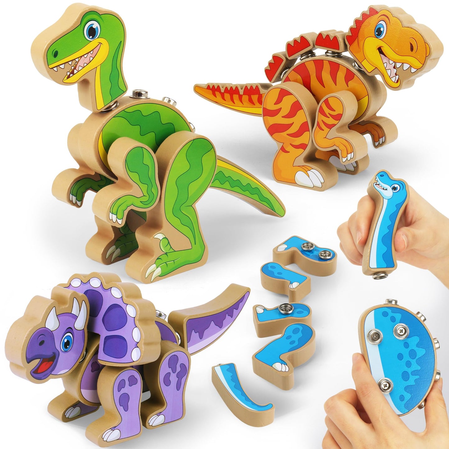Coogam Build Your Own Dinosaurs Toy, Snap Together Building Dinosaurs Playset, Wooden STEM Take Apart Dinosaur Builder, Fine Motor Building Toy Gift for 3 4 5 Years Old Kids