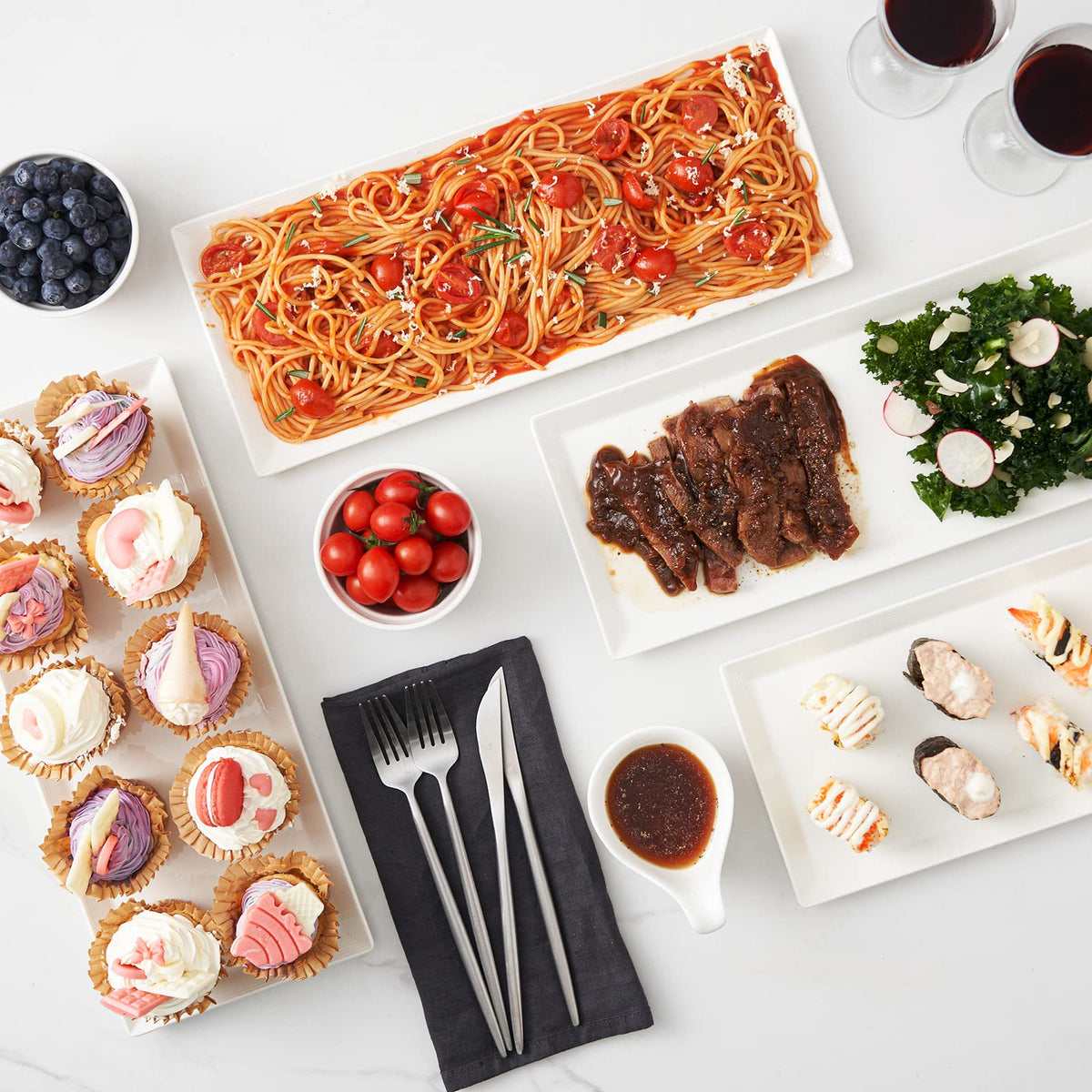 DOWAN Serving Platters -14.5 Inches Serving Plates, White Rectangle Platters Oven Safe Serving Dishes, Serving Platters and Trays for Parties, Rectangular Platter for Meat Appetizer Sushi Set of 4