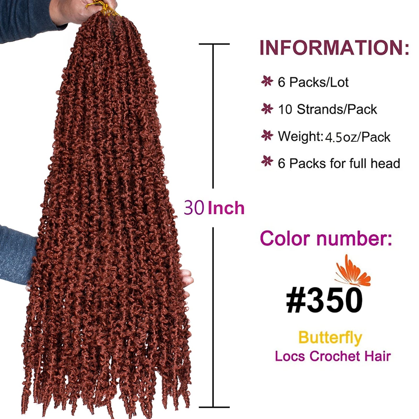 ZRQ Butterfly Locs Crochet Hair 30 Inch 6 Packs Cooper Red Distressed Faux Locs Pre-looped Synthetic Crochet Braids Extended Soft Locs For Women Extensions (30 Inch,350#)
