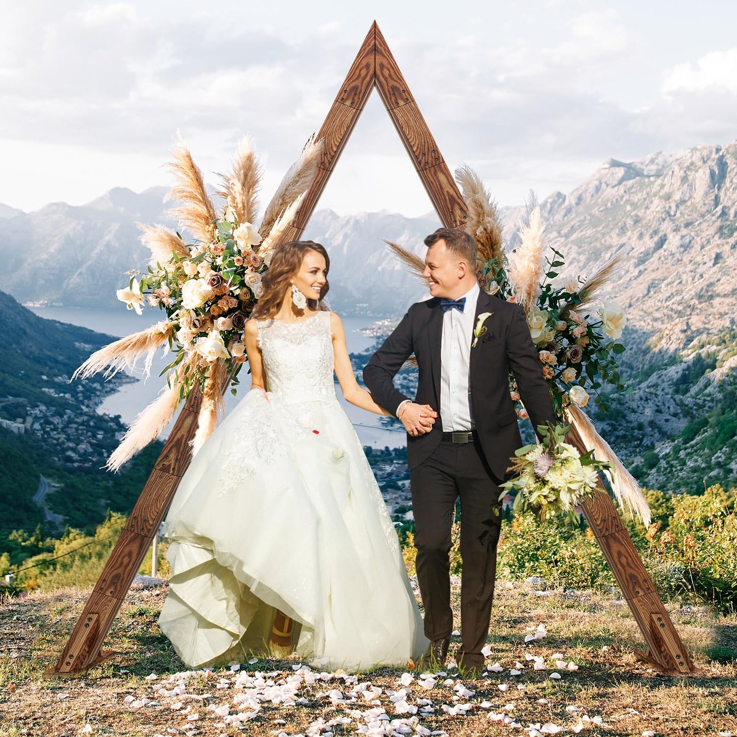 8.3FT Wooden Wedding Arch, Arch Backdrop Stand for Ceremony, Triangle Backdrop Stand for Garden Wedding Parties, Natural Wood Rustic Arch Decorations for Outdoor