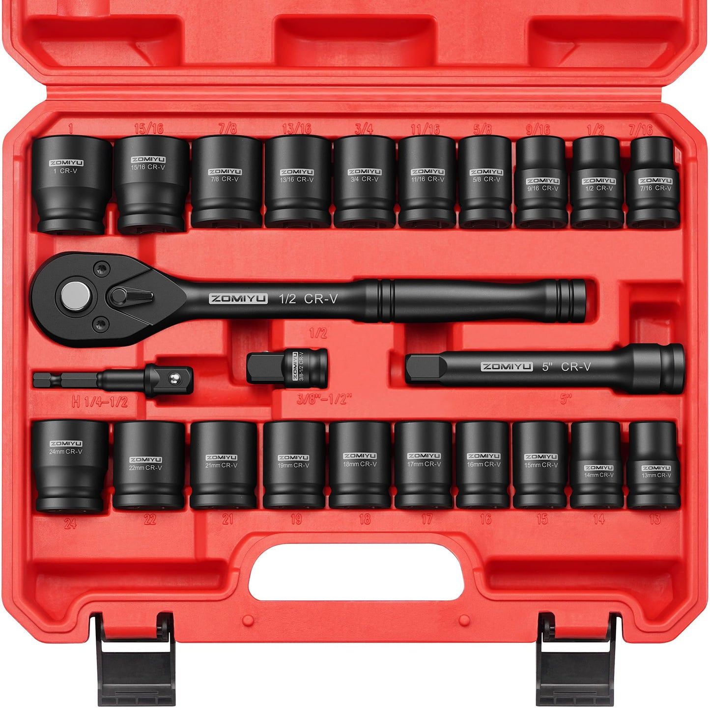 ZOMIYU 1/2" Drive Socket Set, SAE & Metric (7/16"-1"&13-24mm), 6 Point Shallow Impact Socket Set, 72-Teeth Ratchet Wrench, Extension Bar, Adapter & 3/8" F to 1/2" M Reducer-24 PCS