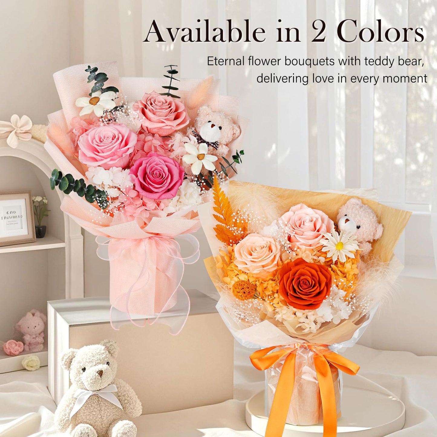 Preserved Flowers Bouquet with Bear, 3 Real Forever Flowers for Delivery, Long-Lasting Pink Eteranl Roses Bouquet, Anniversary Birthday Graduation Gifts for Women Girlfriend Her Mom Grandma