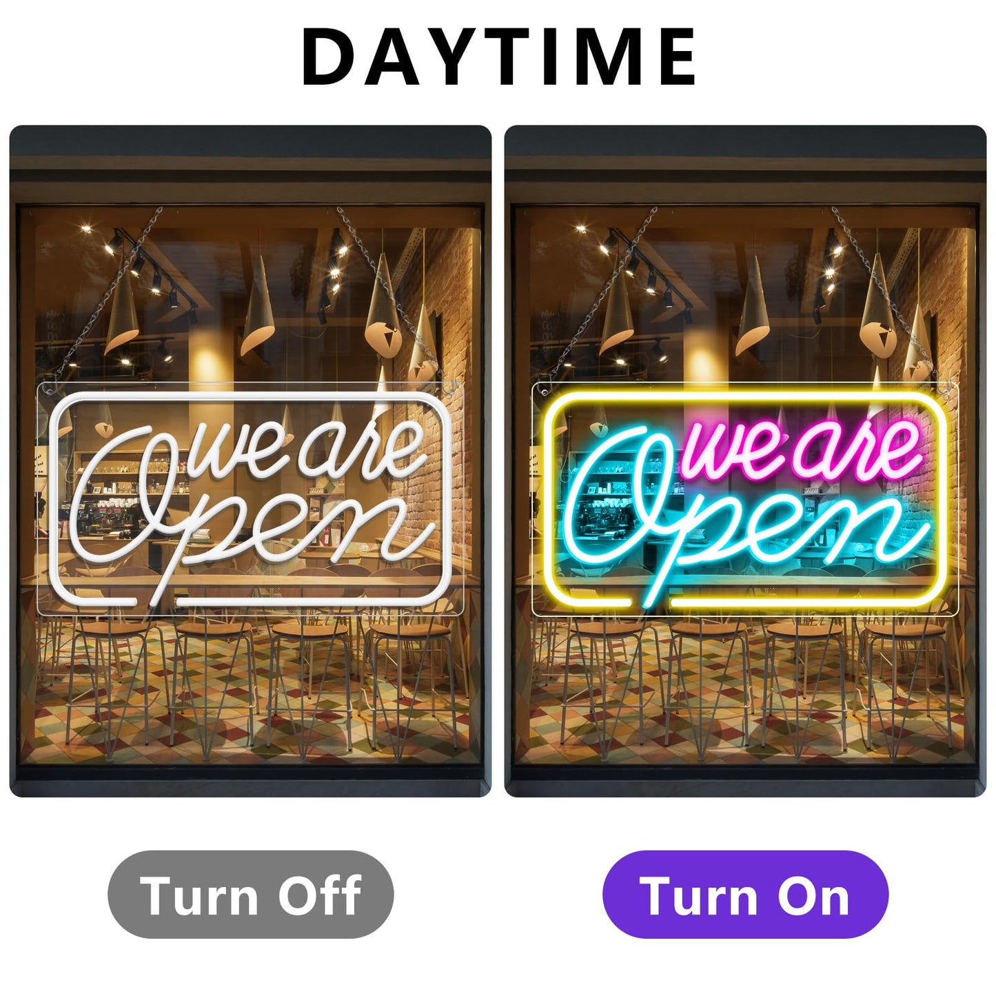 Neon We Are Open Signs for Business, 16.5''x 9'' Open Sign LED, Super Bright & Easy to Spot Open Neon Sign(Pink&Blue&Yello), with ON/OFF Switch & Adapter, Ideal for Window, Party, Wall, Bars, Coffee