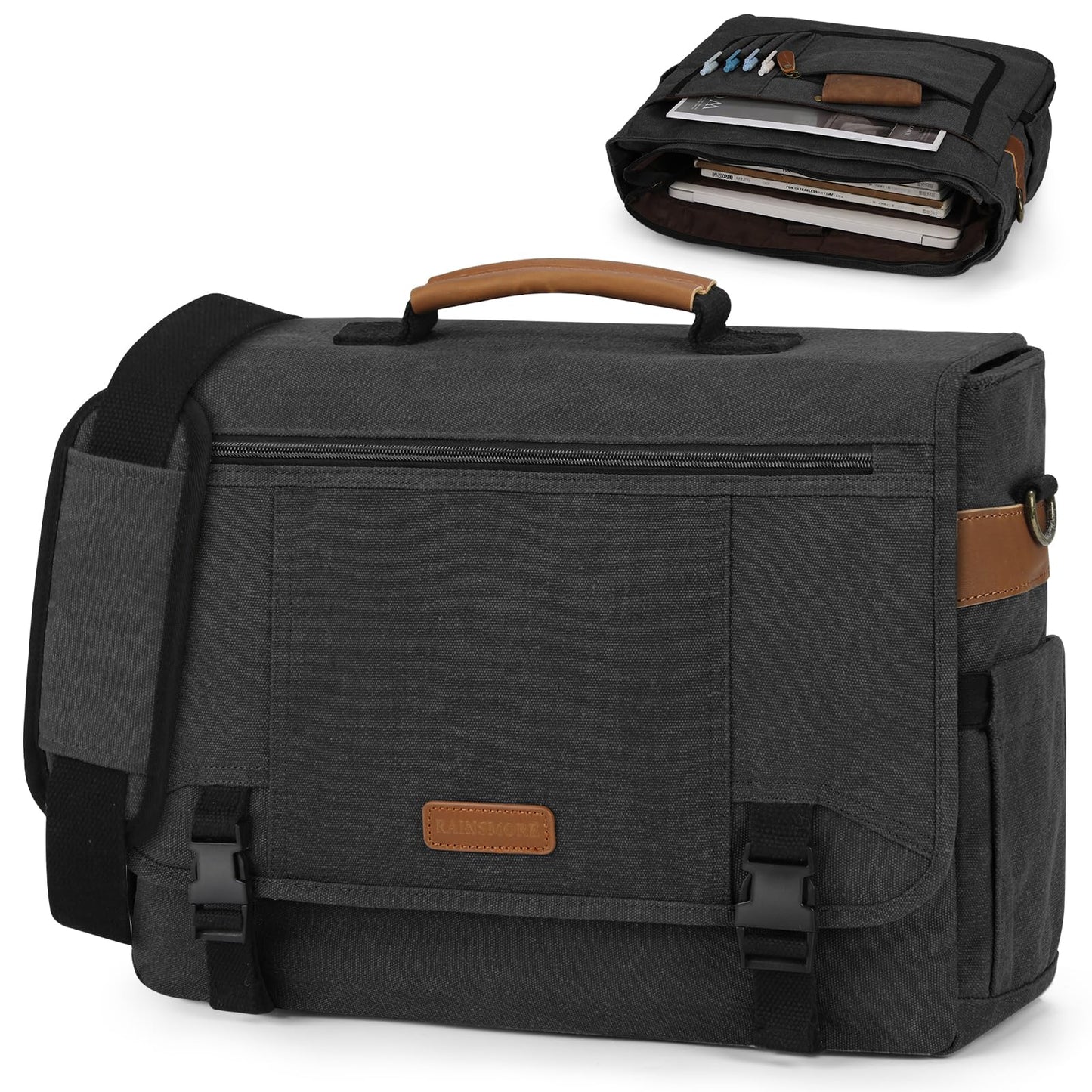 RAINSMORE Messenger Bag for Men 17-17.3 Inch Laptop Bag Canvas Briefcase Satchel Large Computer Shoulder Bag Men's Work Business Office Bag with Padded Compartment,Black