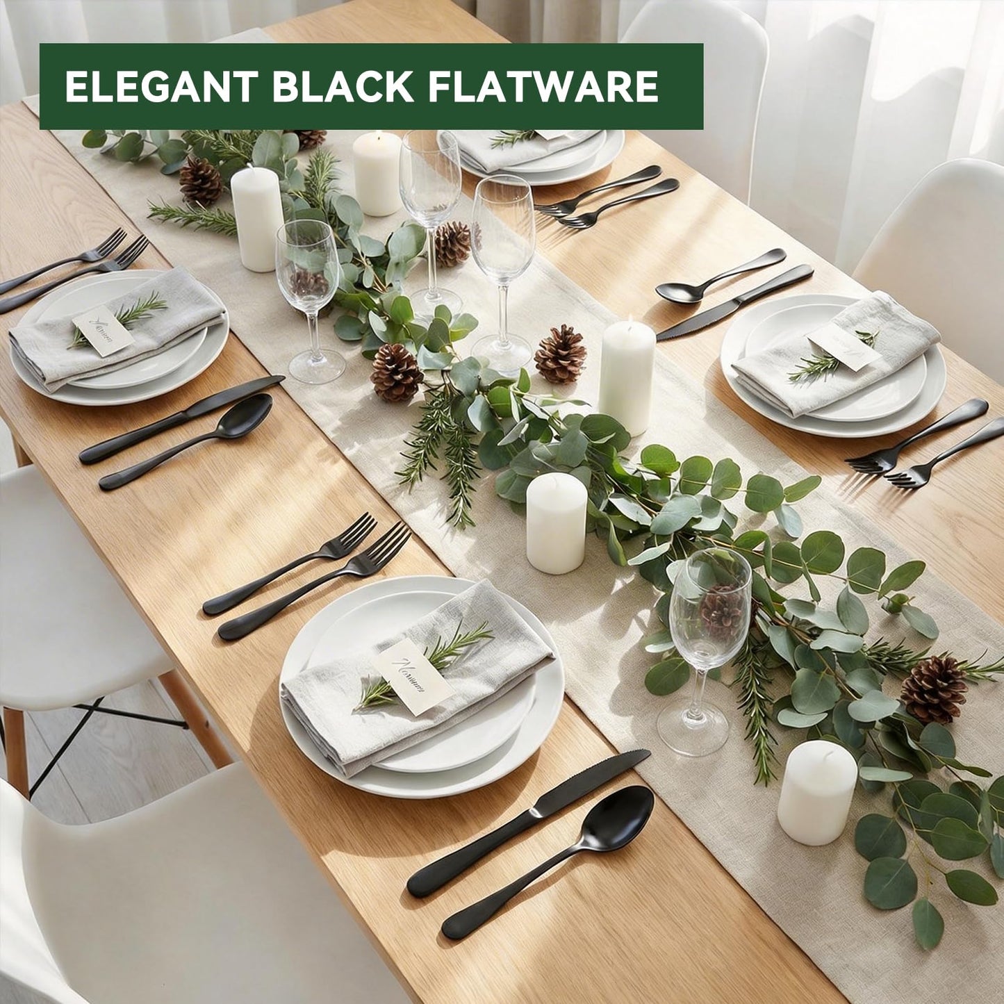 49-Piece Black Silverware Set with Drawer Organizer, Stainless Steel Cutlery for 8 with Matte Steak Knives, Forks, Spoons
