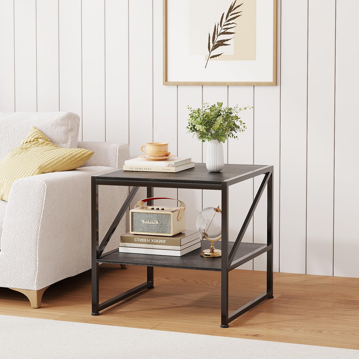 2-Tier Large Priner Stand with Storage Shelf, 20"×20" Under Desk Printer Table for Home Office, End Table for Living Room, Heavy Duty Storage Rack for Scanner Fax Heat Press, Grey Oak