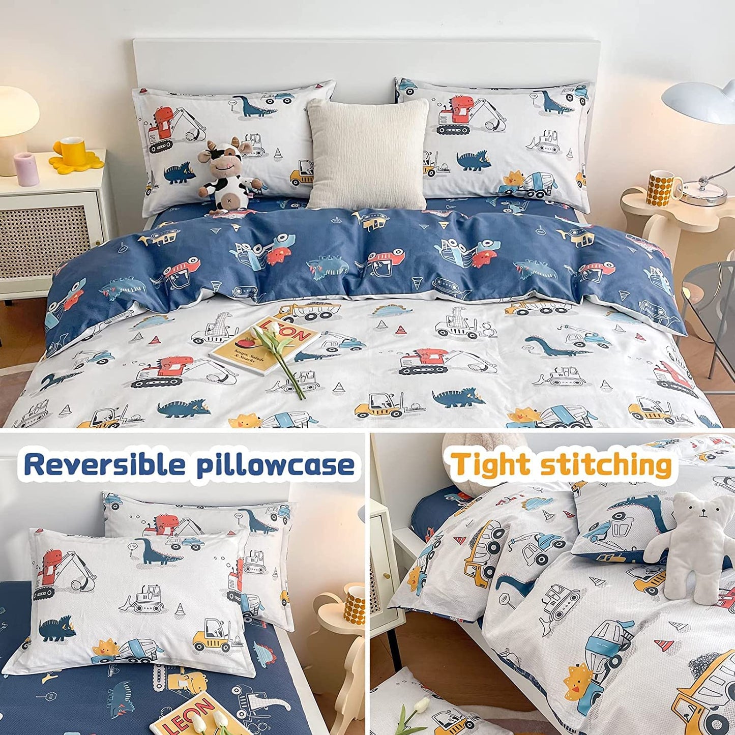 DJY Dinosaur Kids Duvet Cover Set Full Size, 100Percent Cotton Dino Truck Car Bedding Set for Boys Girls, 3 Pieces Reversible Dinosaur Comforter Cover Set (1 Duvet Cover+2 Pillowcases)