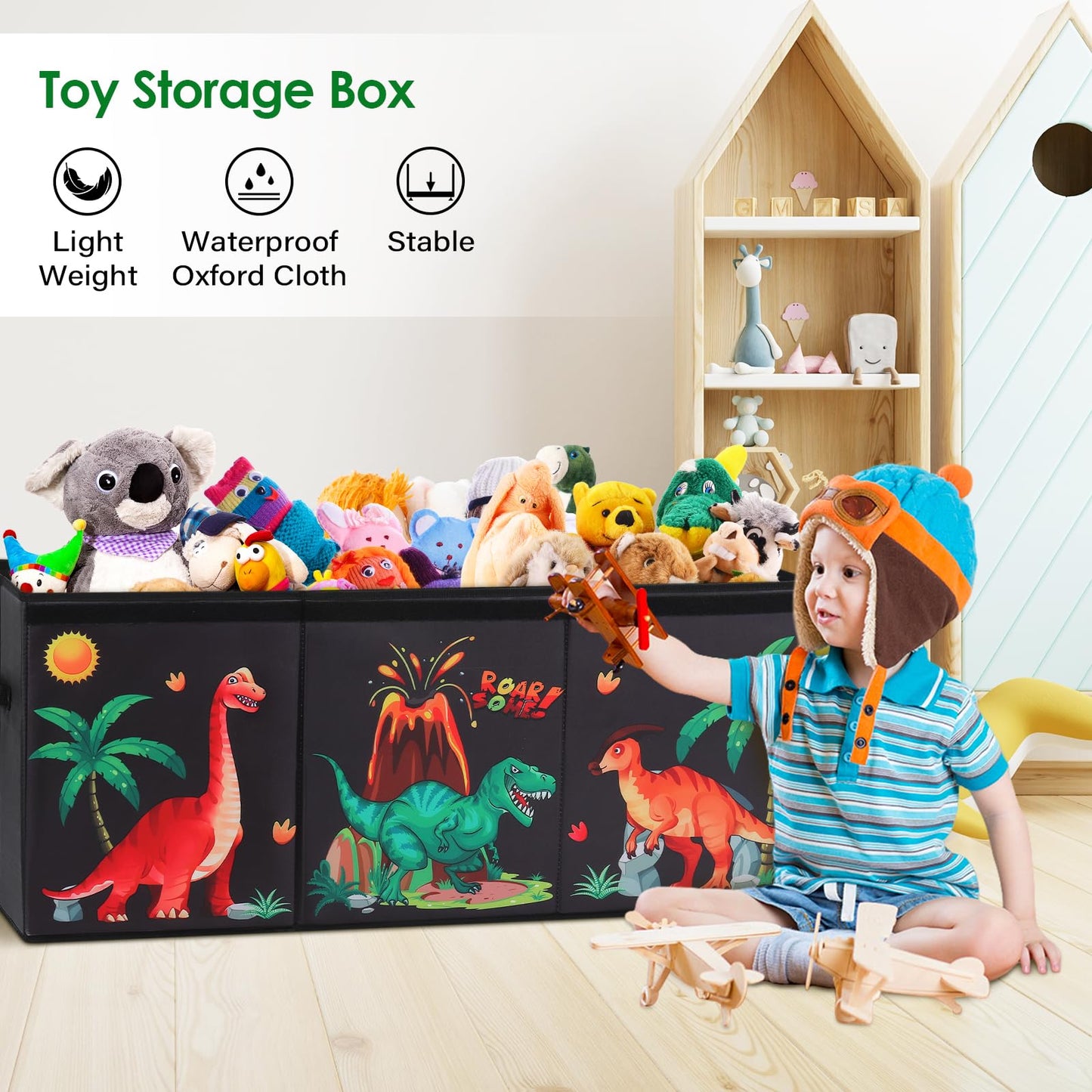 Extra Large Storage Box with Flip Lid,Collapsible Oxford Storage Organizer with Handles,Sturdy Waterproof Storage Chest for Bedroom,37.7×12.5×15.7''（Dinosaur）
