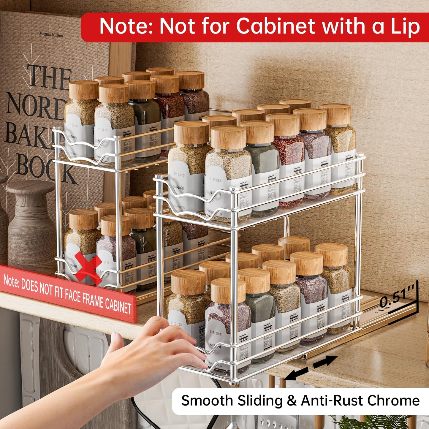 PanPanPal Pull Out Spice Rack Organizer for Inside Cabinet, 2 Tier Slide Out Spice Organization for Cabinet, Chrome Vertical Sliding Seasoning Organizer, 4.9''Wx10.4''Dx9.57''H